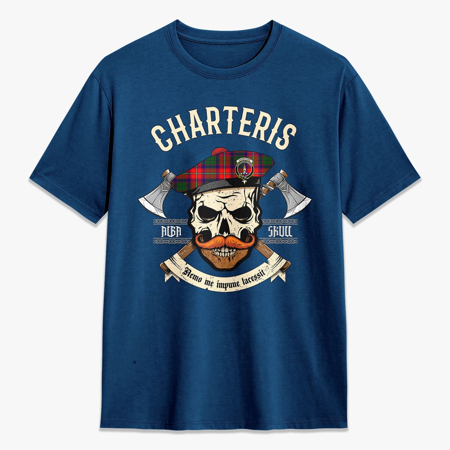 Charteris (Earl of Wemyss) Tartan Crest 2D T-shirt - Alba Skull Style