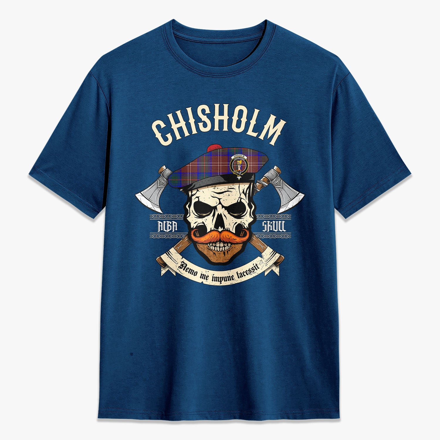 Chisholm Hunting Modern Tartan Crest 2D T-shirt - Alba Skull Style