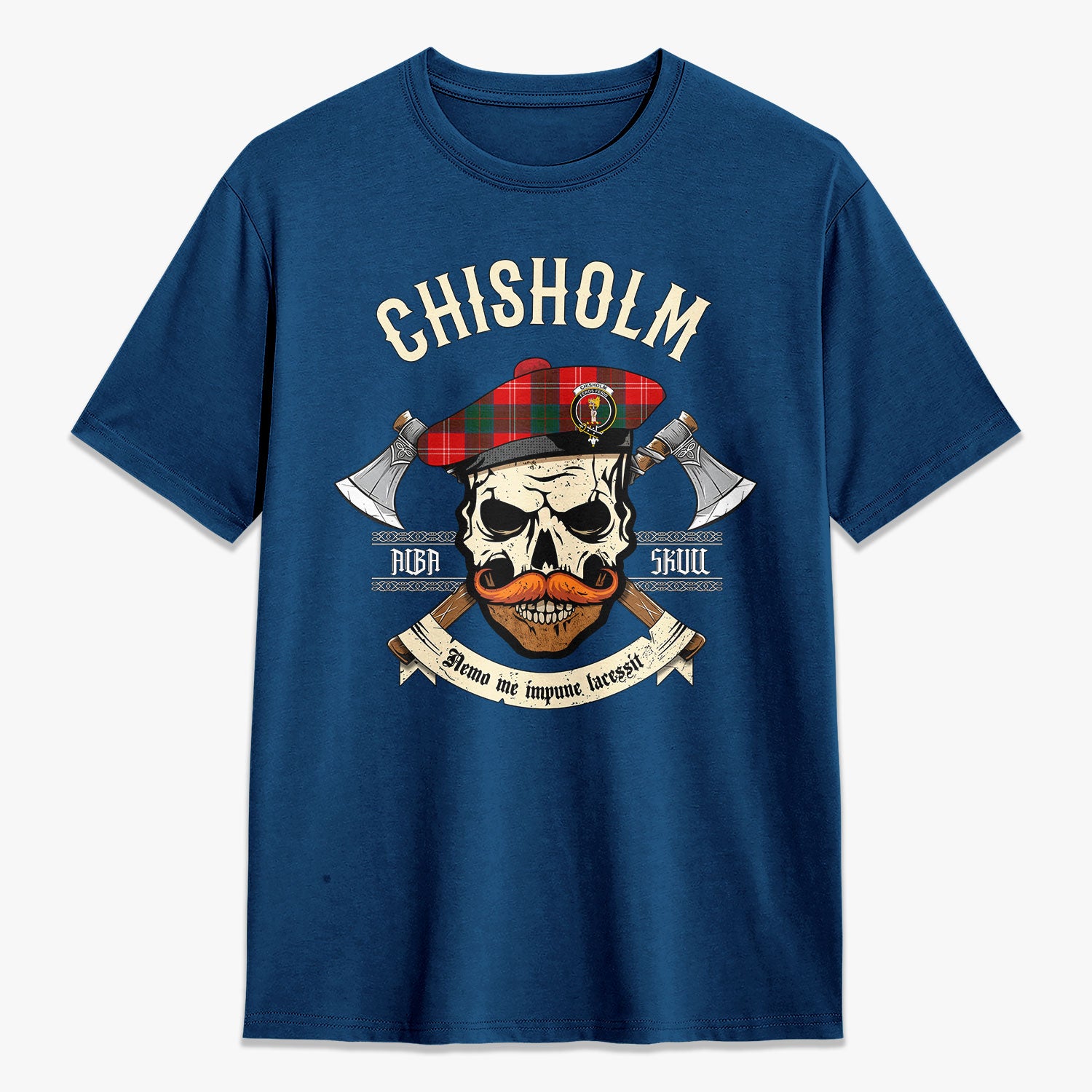 Chisholm Modern Tartan Crest 2D T-shirt - Alba Skull Style