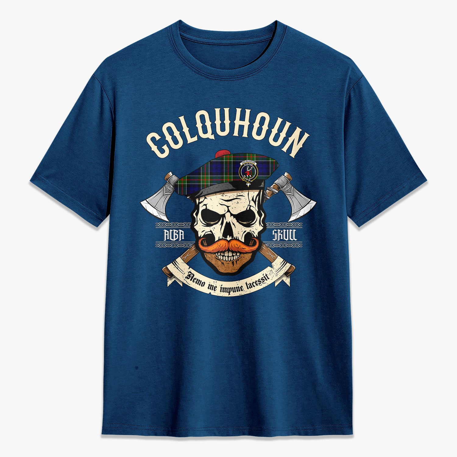 Colquhoun Modern Tartan Crest 2D T-shirt - Alba Skull Style