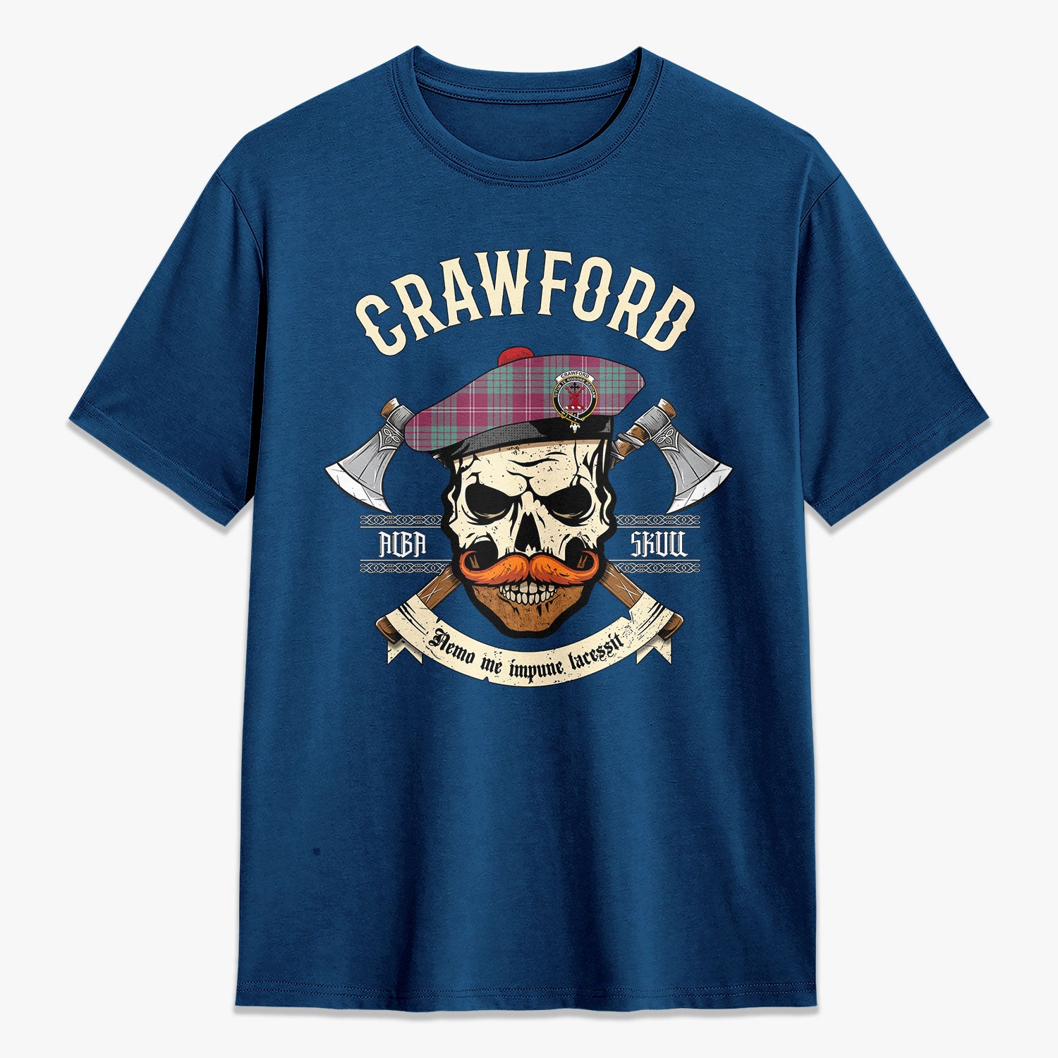 Crawford Ancient Tartan Crest 2D T-shirt - Alba Skull Style