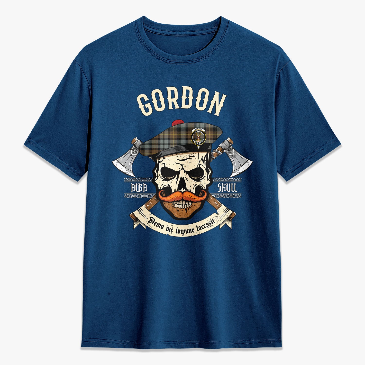 Gordon Weathered Tartan Crest 2D T-shirt - Alba Skull Style