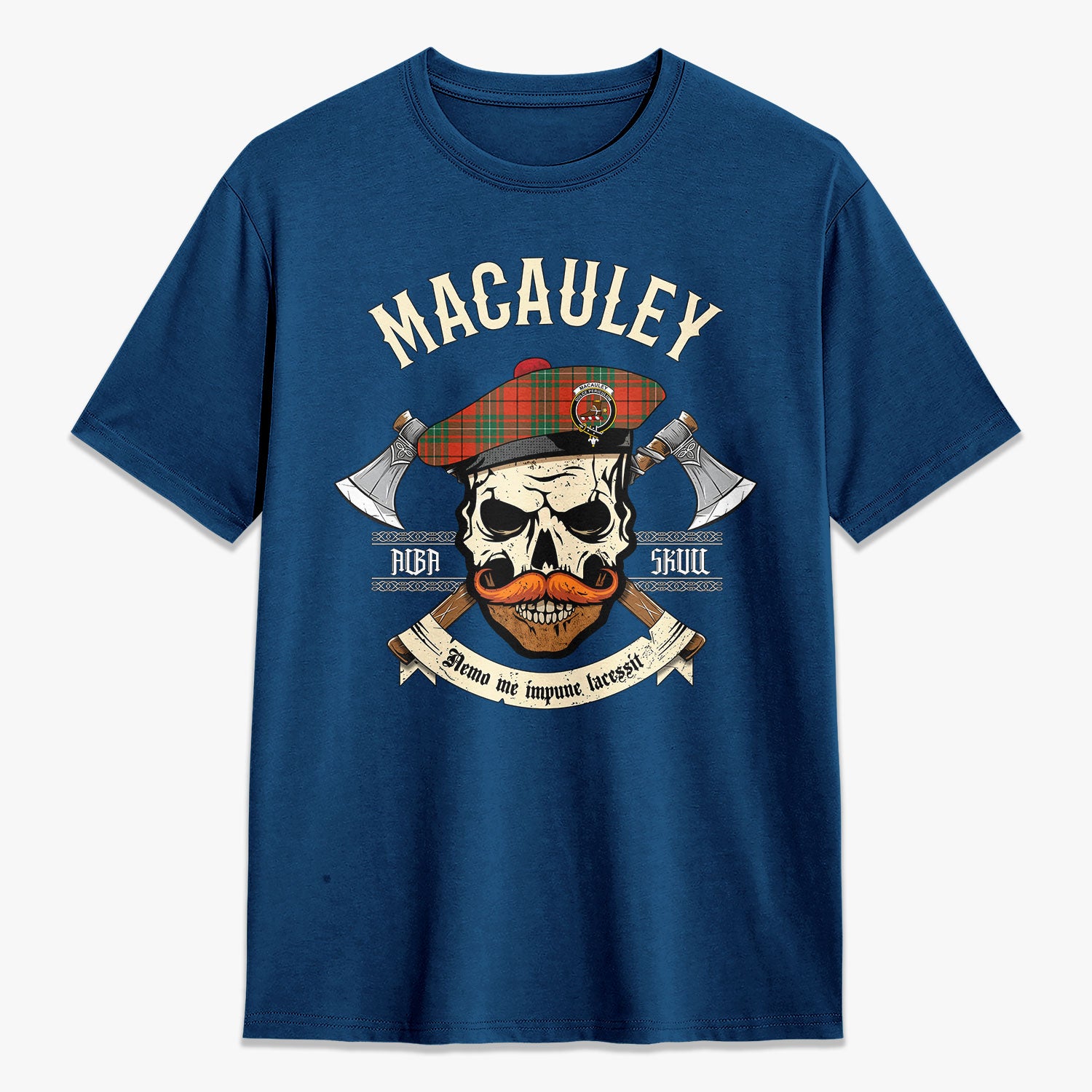 MacAuley Ancient Tartan Crest 2D T-shirt - Alba Skull Style