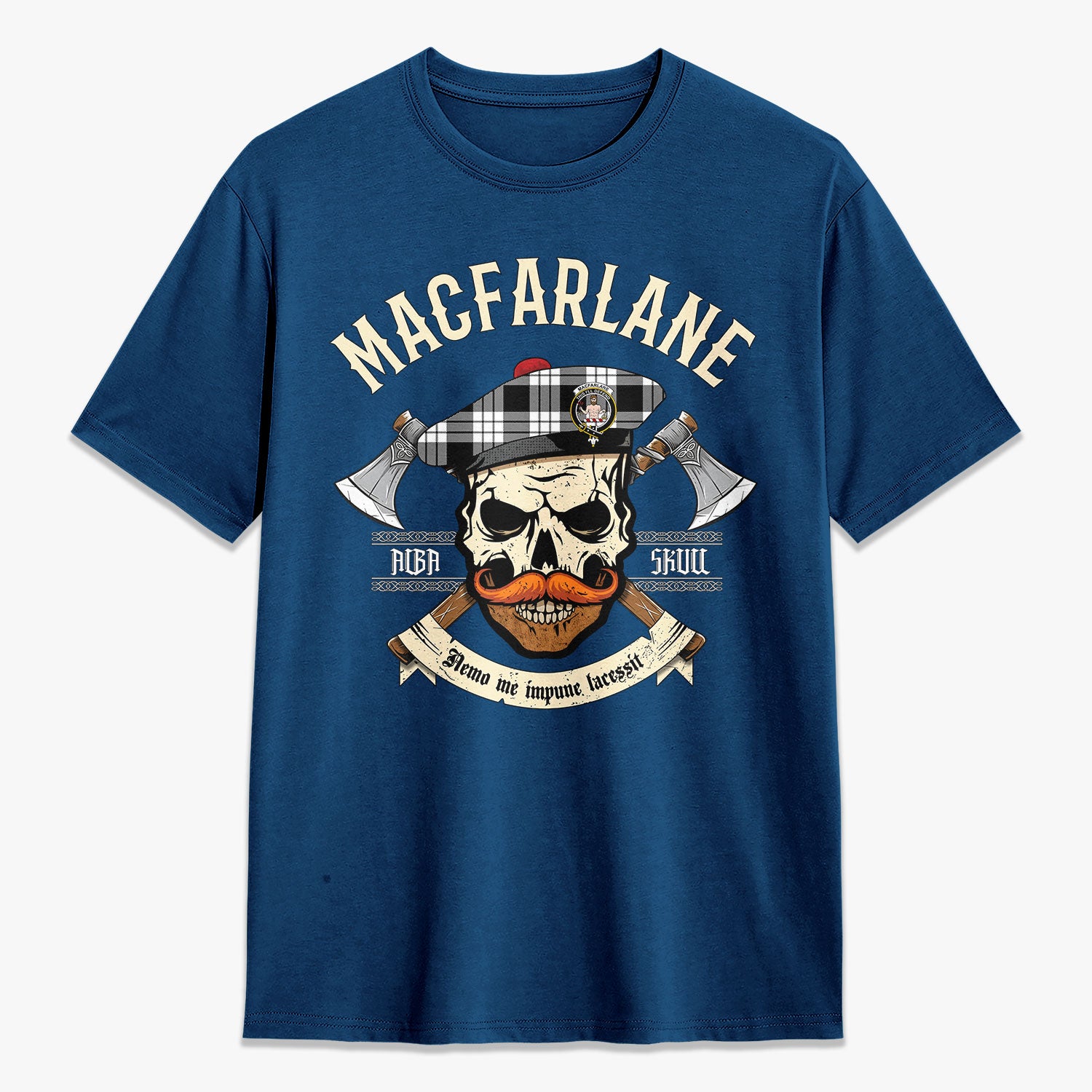 MacFarlane Black - White Tartan Crest 2D T-shirt - Alba Skull Style