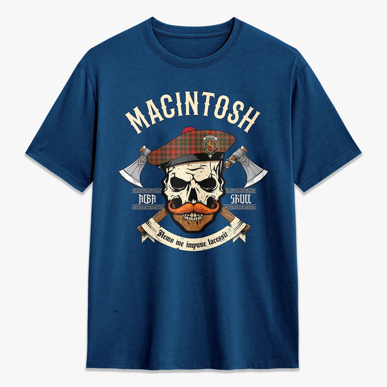 MacIntosh Hunting Weathered Tartan Crest 2D T-shirt - Alba Skull Style