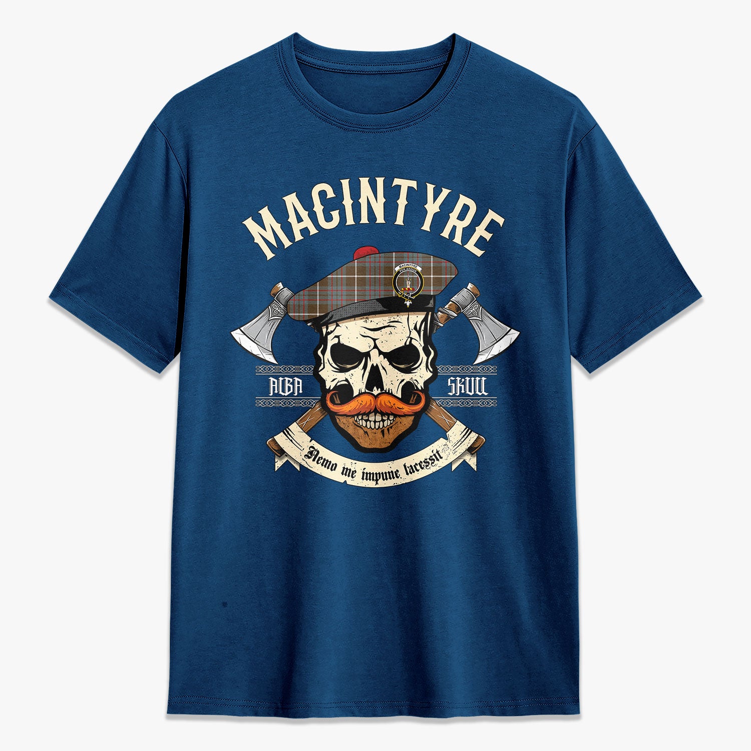 MacIntyre Hunting Weathered Tartan Crest 2D T-shirt - Alba Skull Style