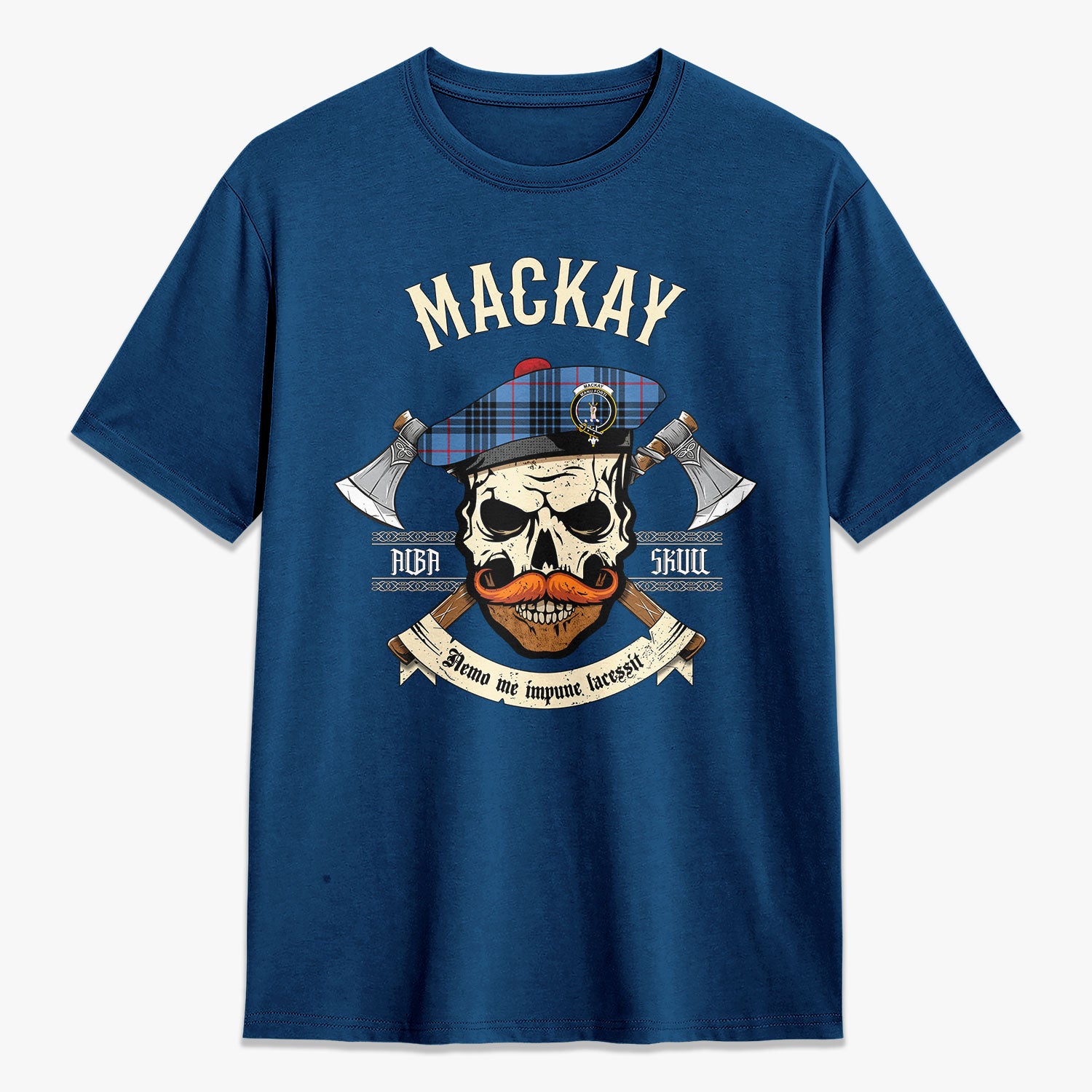 MacKay Blue Tartan Crest 2D T-shirt - Alba Skull Style