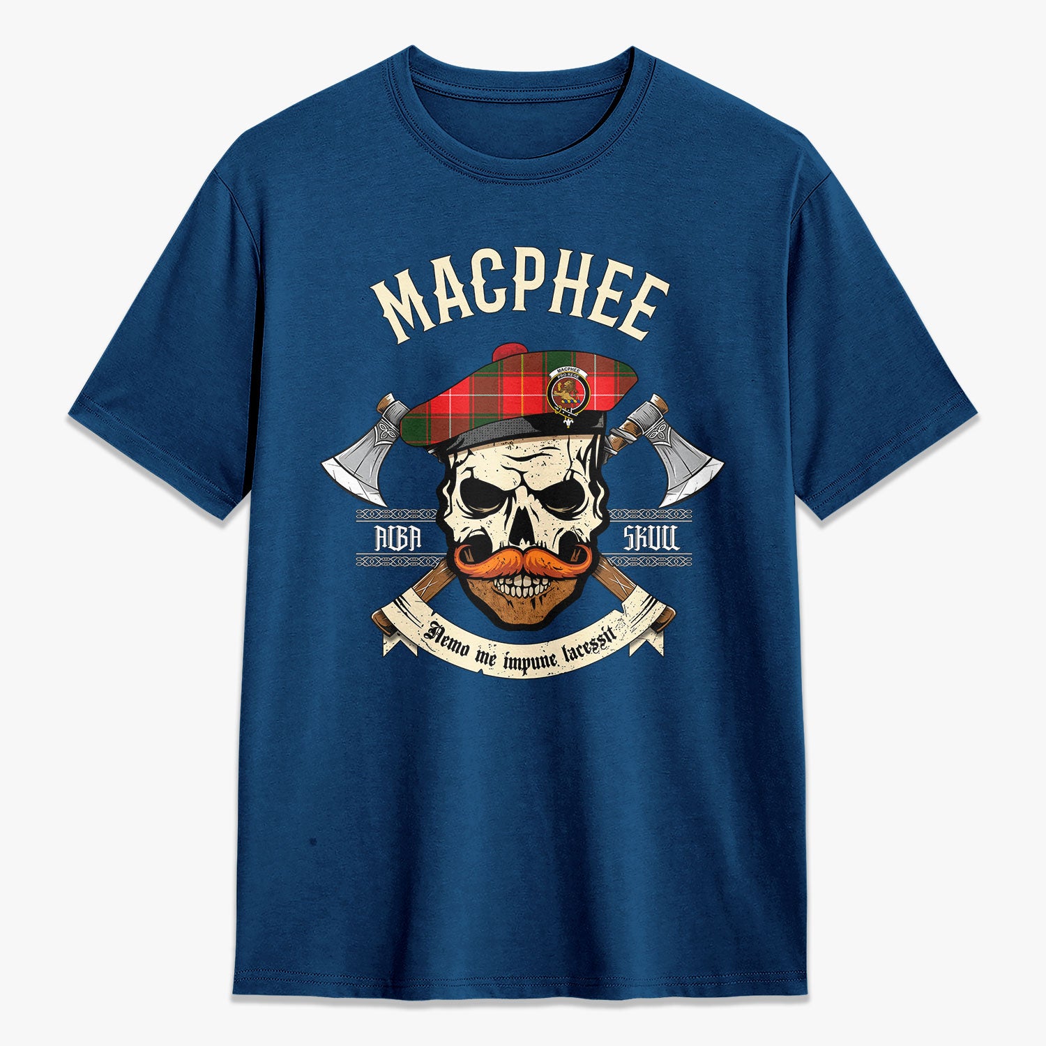 MacPhee Modern Tartan Crest 2D T-shirt - Alba Skull Style