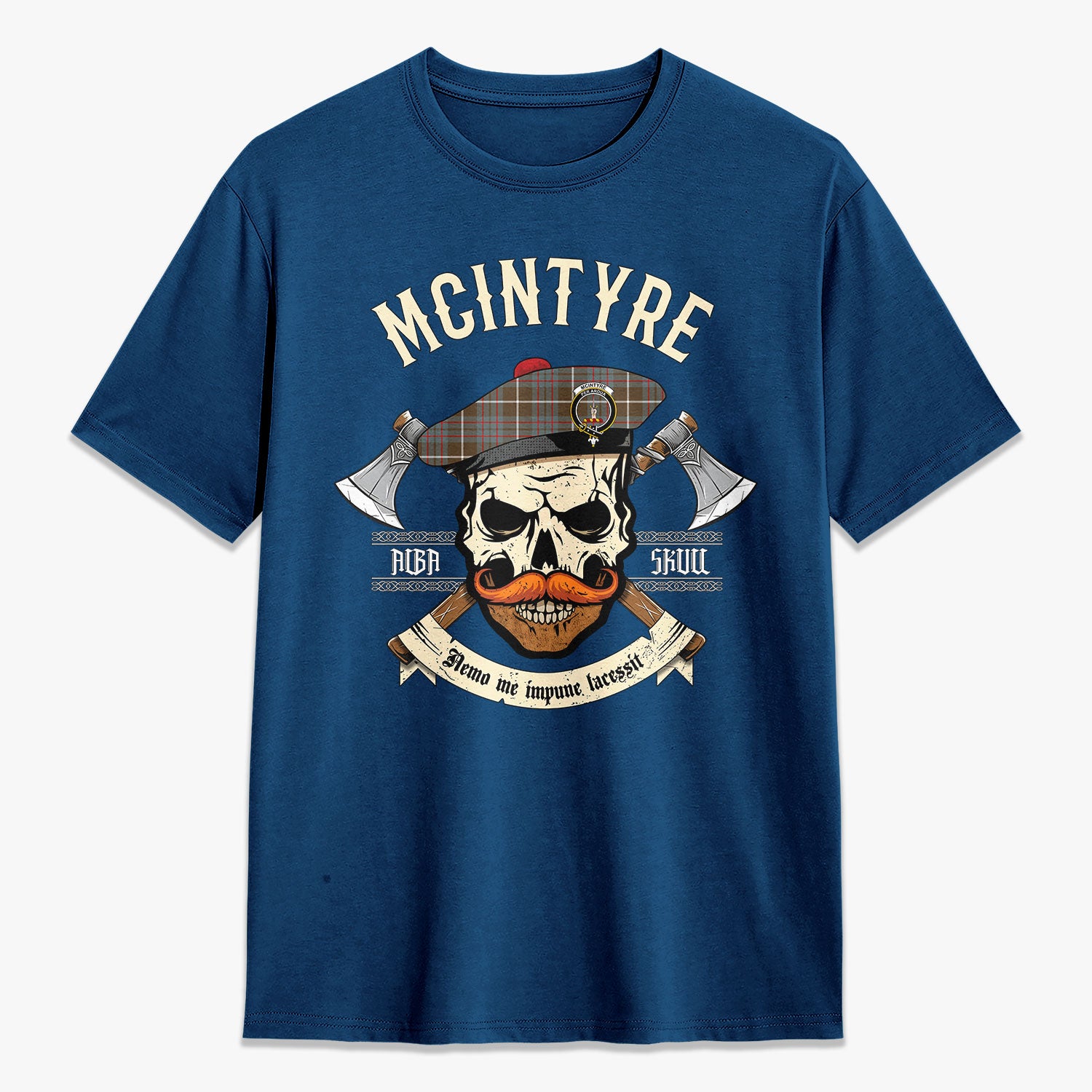 McIntyre Hunting Weathered Tartan Crest 2D T-shirt - Alba Skull Style