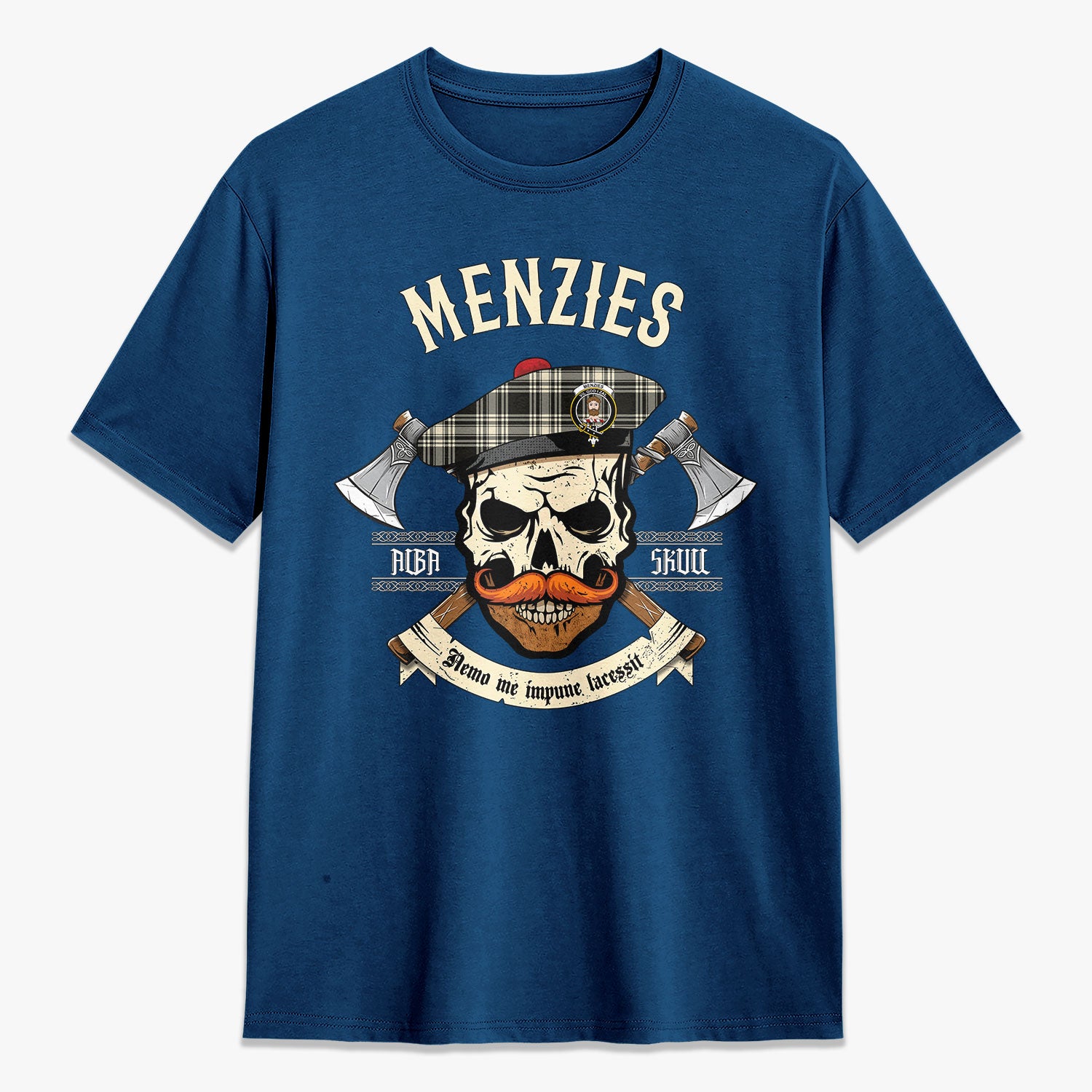 Menzies Black - White Ancient Tartan Crest 2D T-shirt - Alba Skull Style