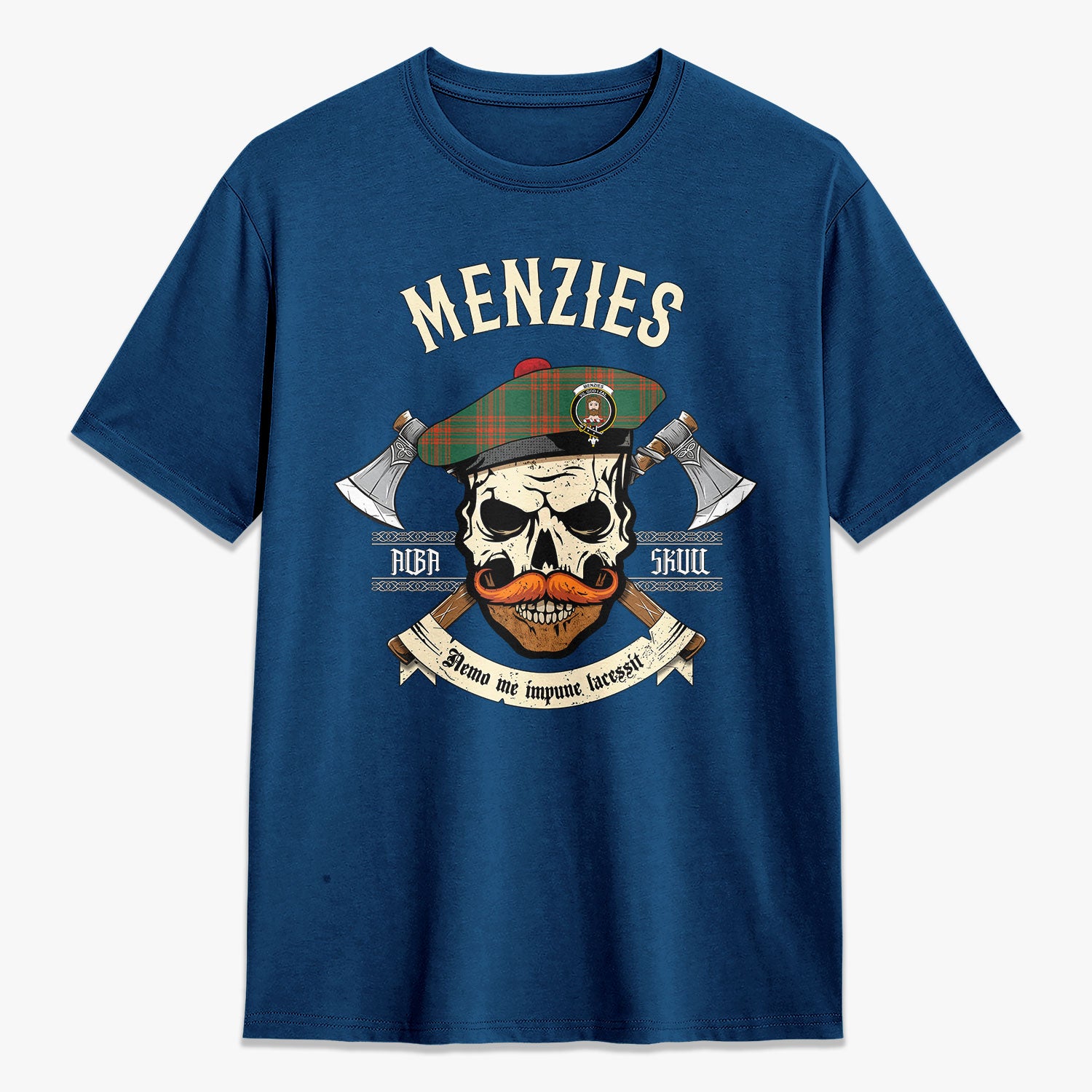 Menzies Green Ancient Tartan Crest 2D T-shirt - Alba Skull Style