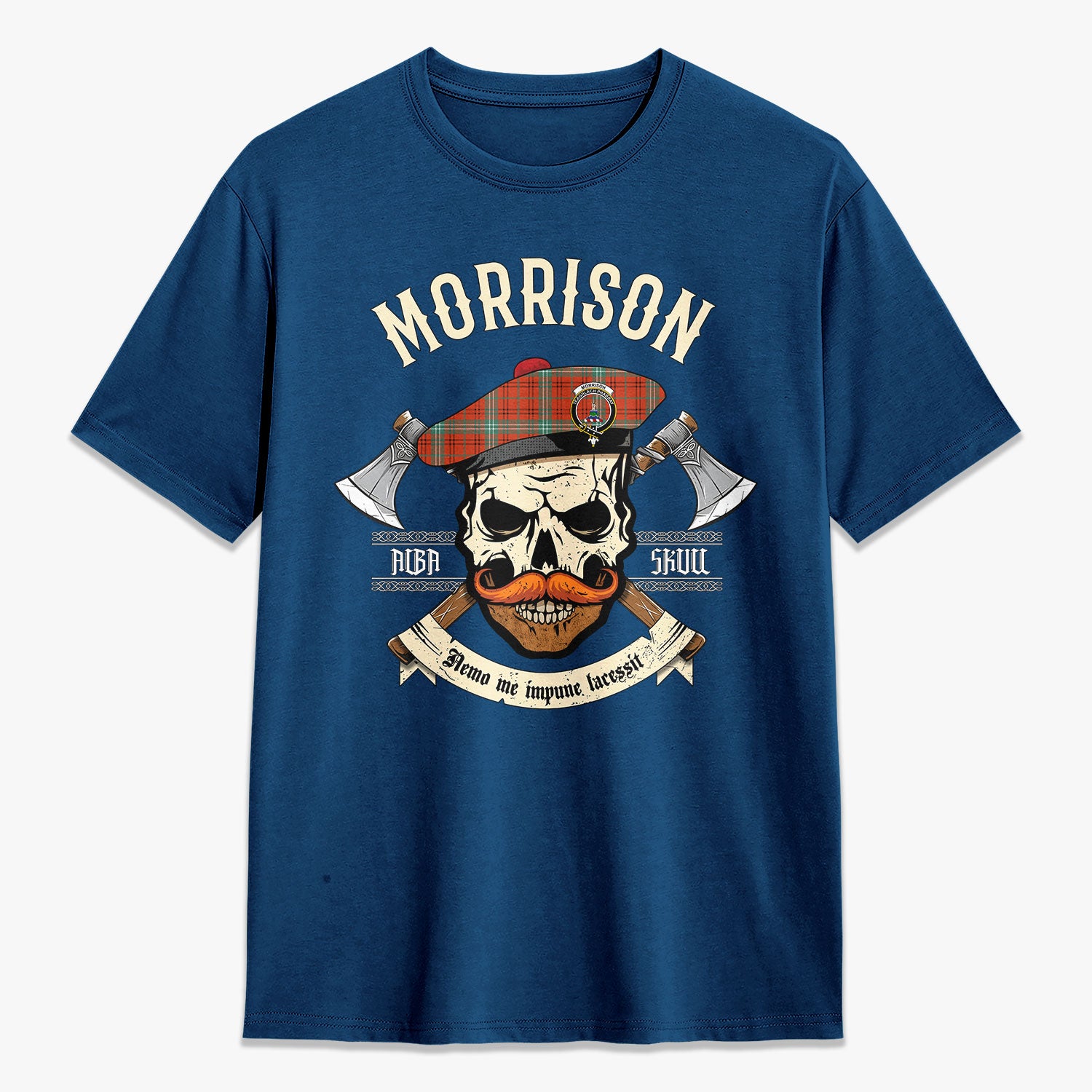 Morrison Red Ancient Tartan Crest 2D T-shirt - Alba Skull Style