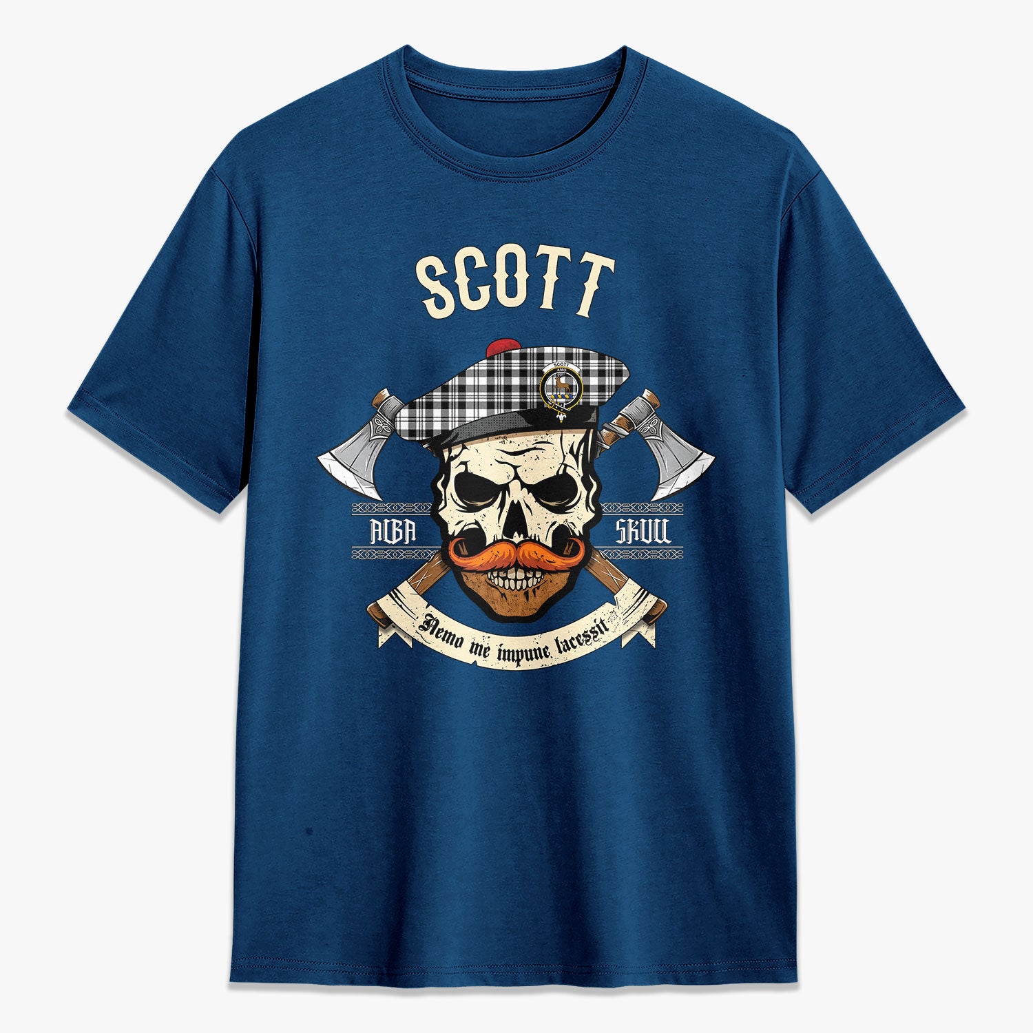 Scott Black & White Modern Tartan Crest 2D T-shirt - Alba Skull Style