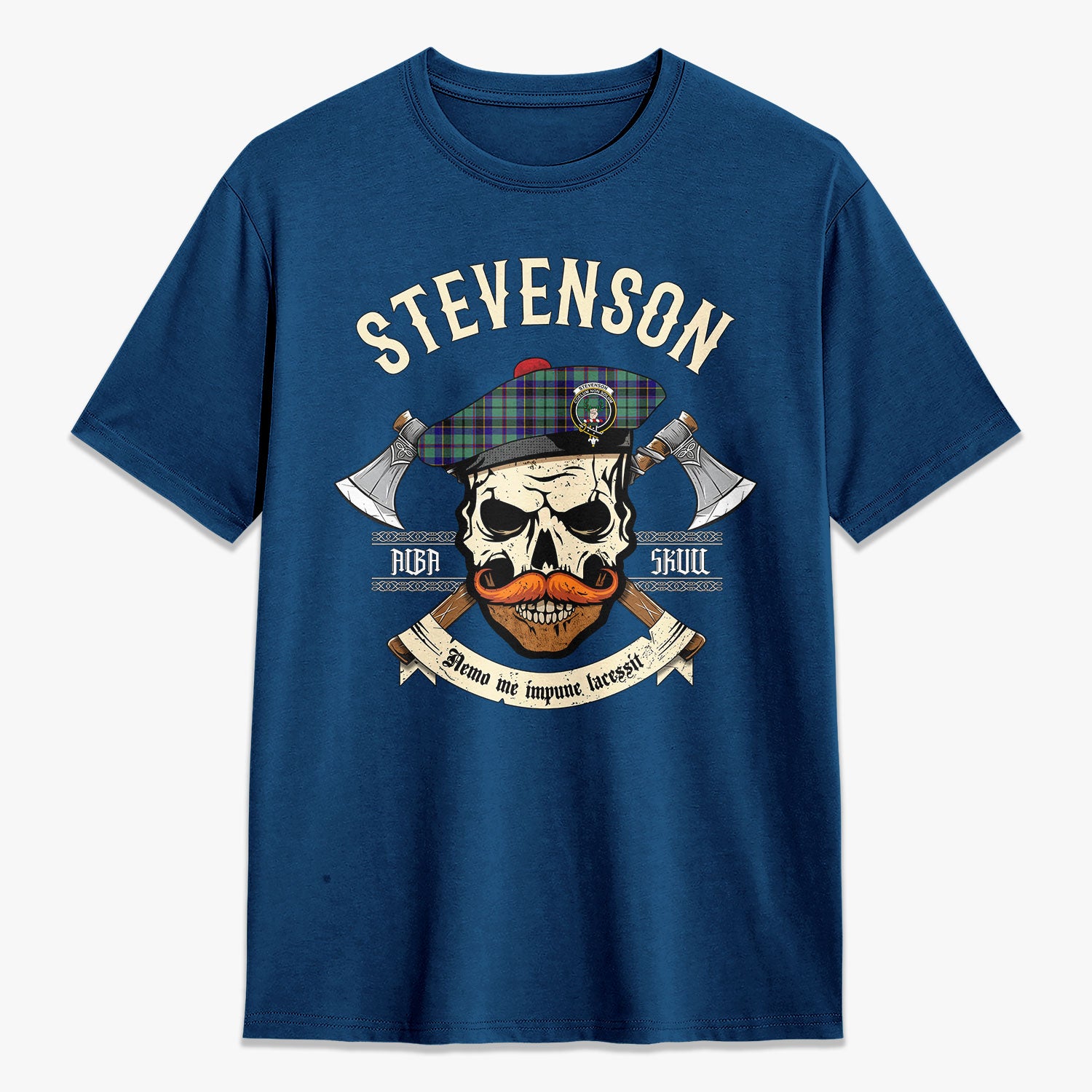 Stevenson Tartan Crest 2D T-shirt - Alba Skull Style