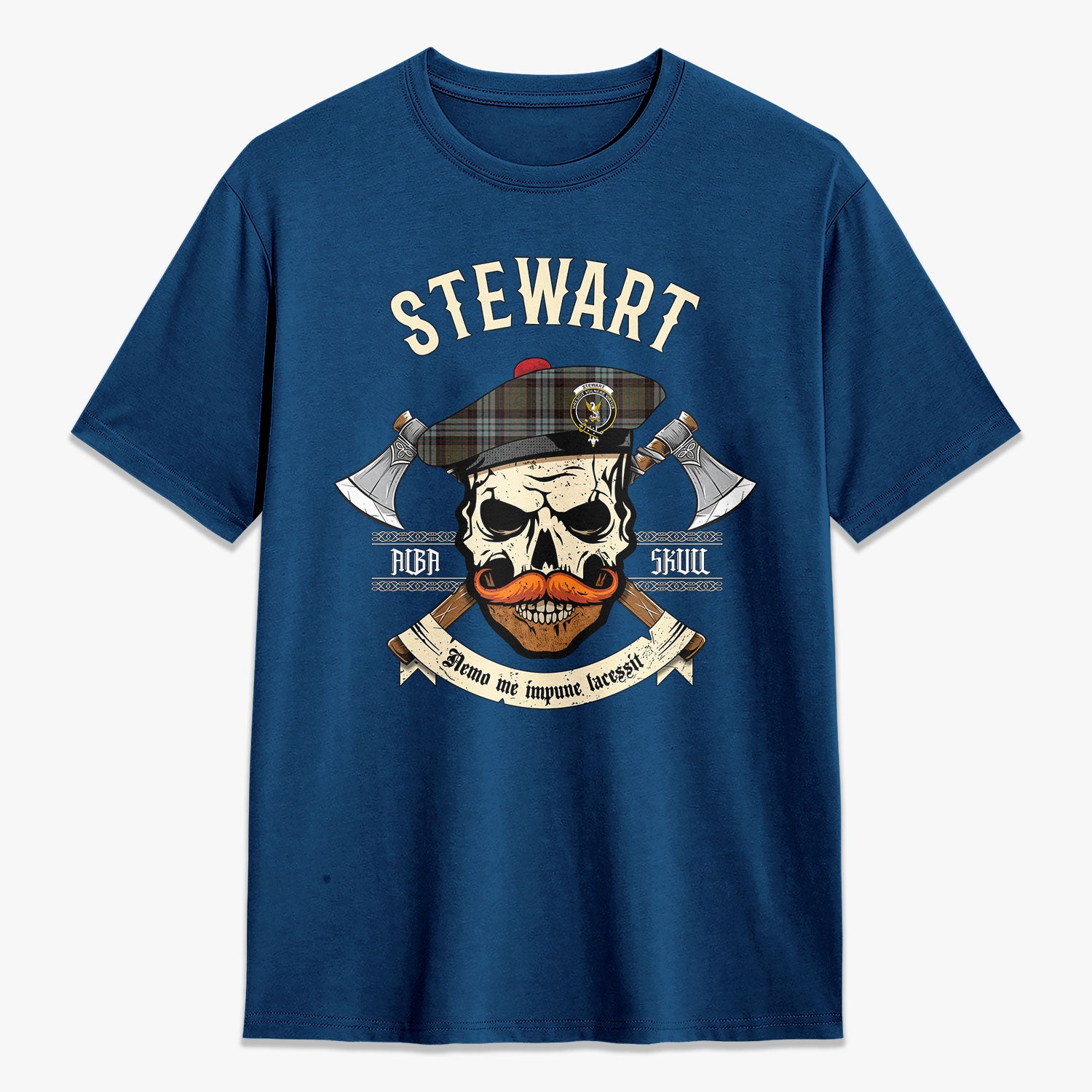 Stewart Old Weathered Tartan Crest 2D T-shirt - Alba Skull Style