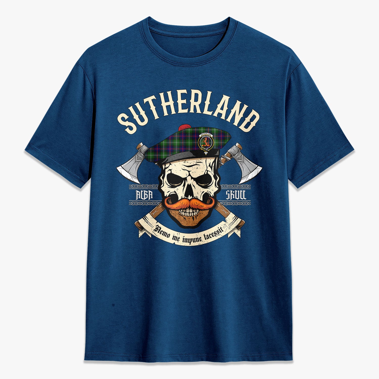 Sutherland Modern Tartan Crest 2D T-shirt - Alba Skull Style