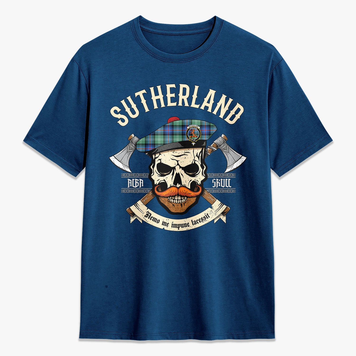 Sutherland Old Ancient Tartan Crest 2D T-shirt - Alba Skull Style