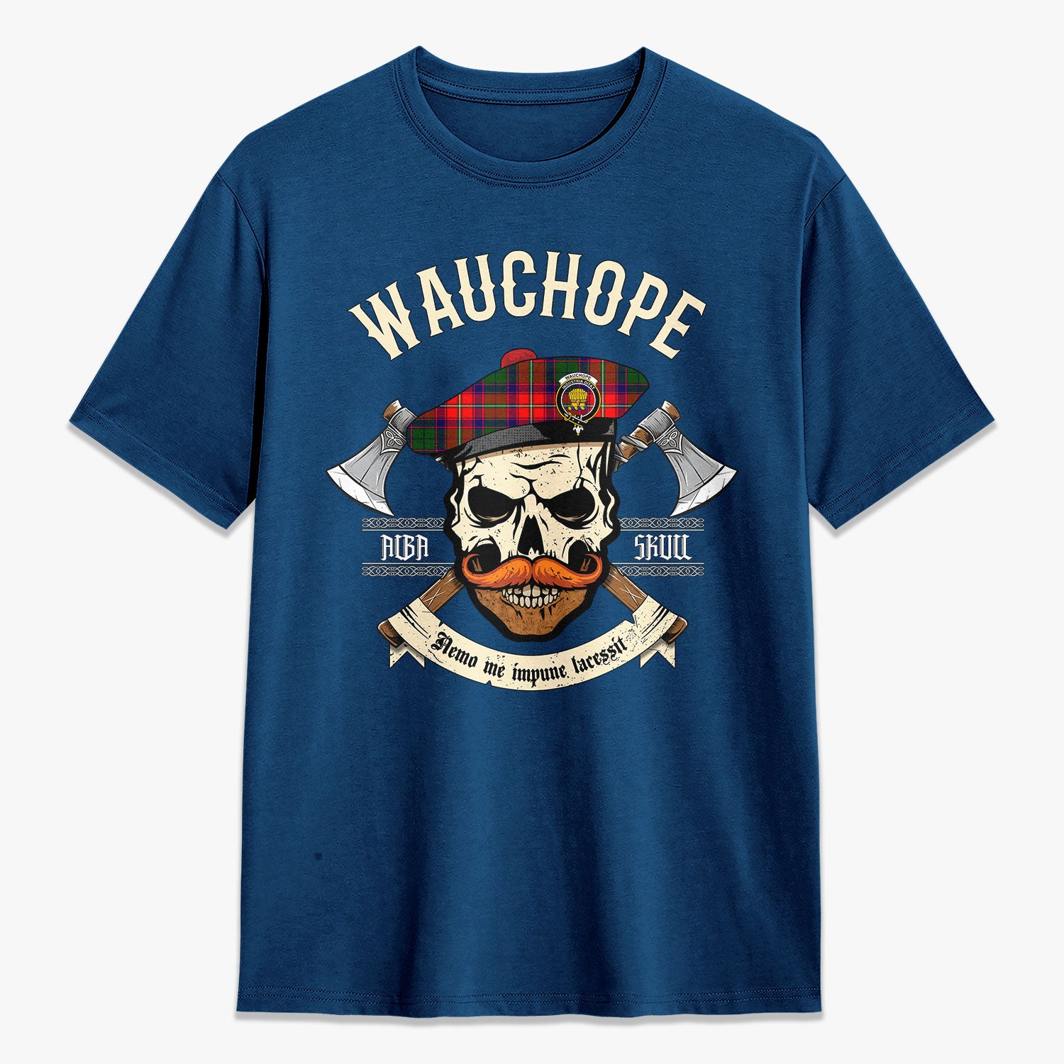 Wauchope (or Waugh) Tartan Crest 2D T-shirt - Alba Skull Style