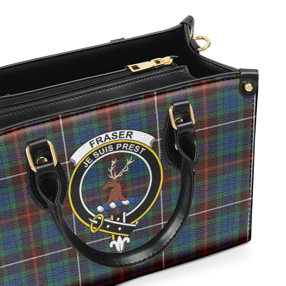 Fraser (of Lovat) Hunting Ancient Tartan Crest Leather Handbag