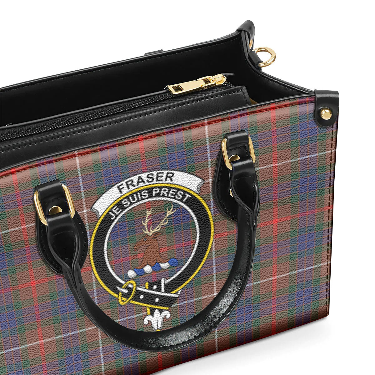 Fraser (of Lovat) Hunting Modern Tartan Crest Leather Handbag