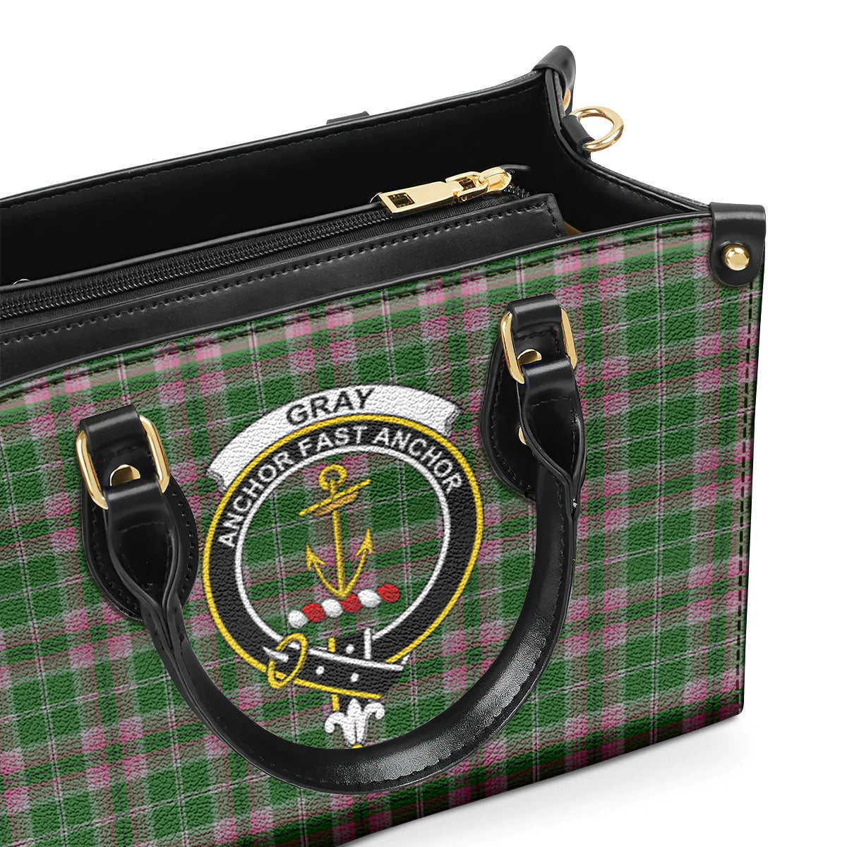 Gray Hunting Tartan Crest Leather Handbag