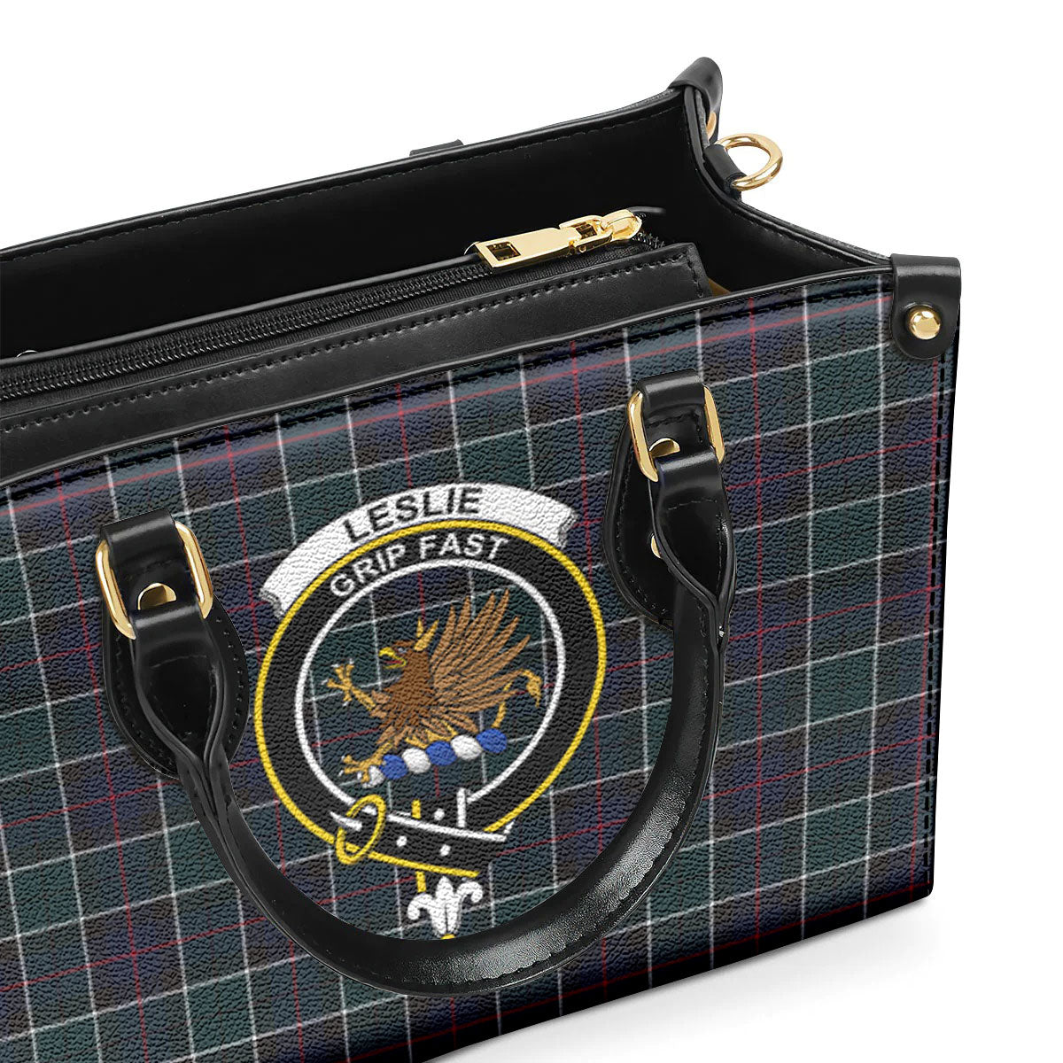 Leslie Hunting Modern Tartan Crest Leather Handbag