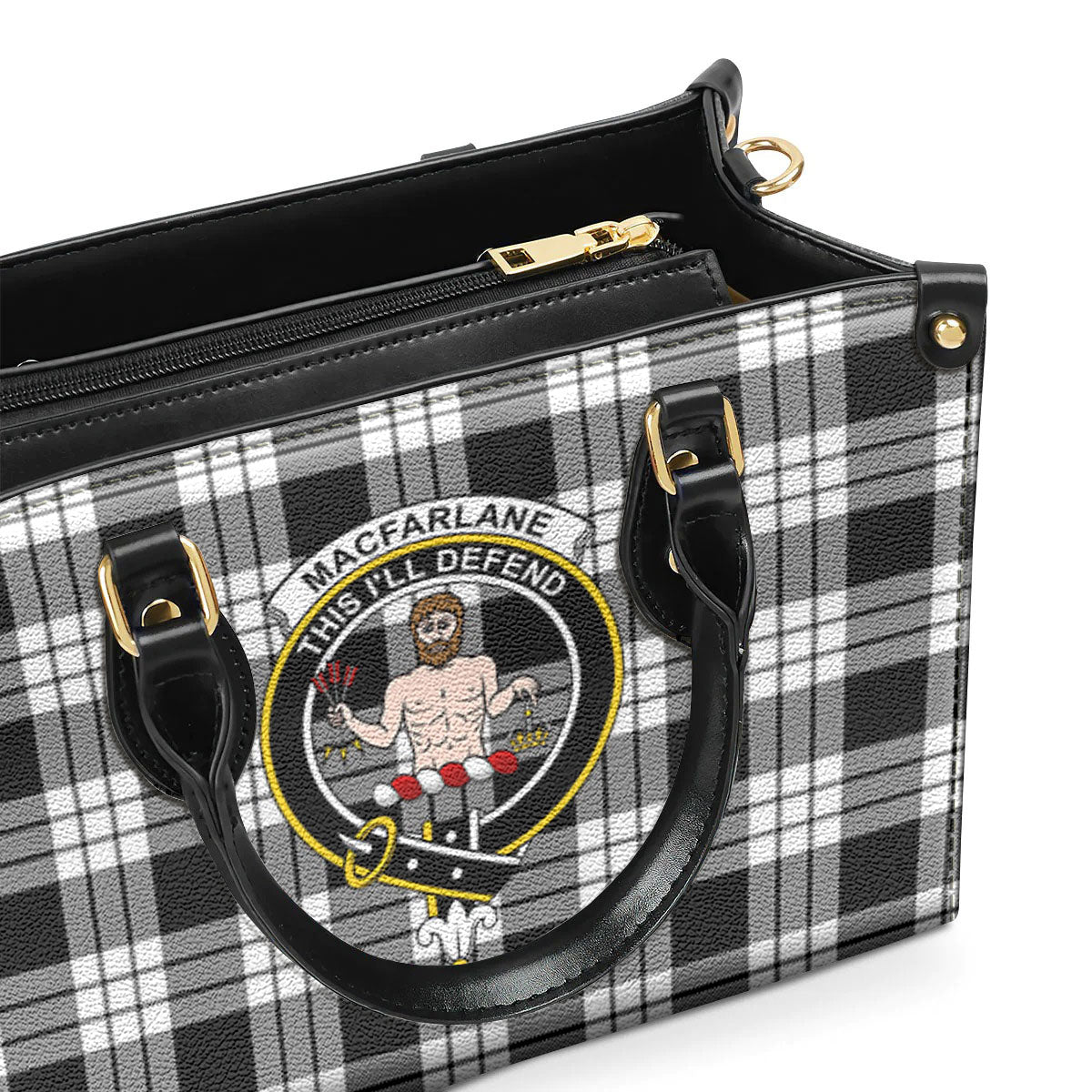 MacFarlane Black _ White Tartan Crest Leather Handbag