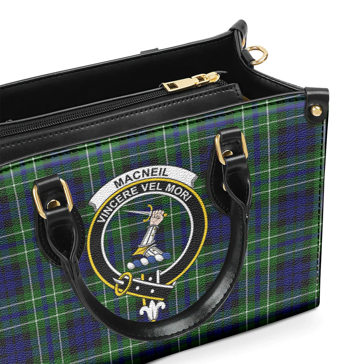 MacNeil of Colonsay Modern Tartan Crest Leather Handbag