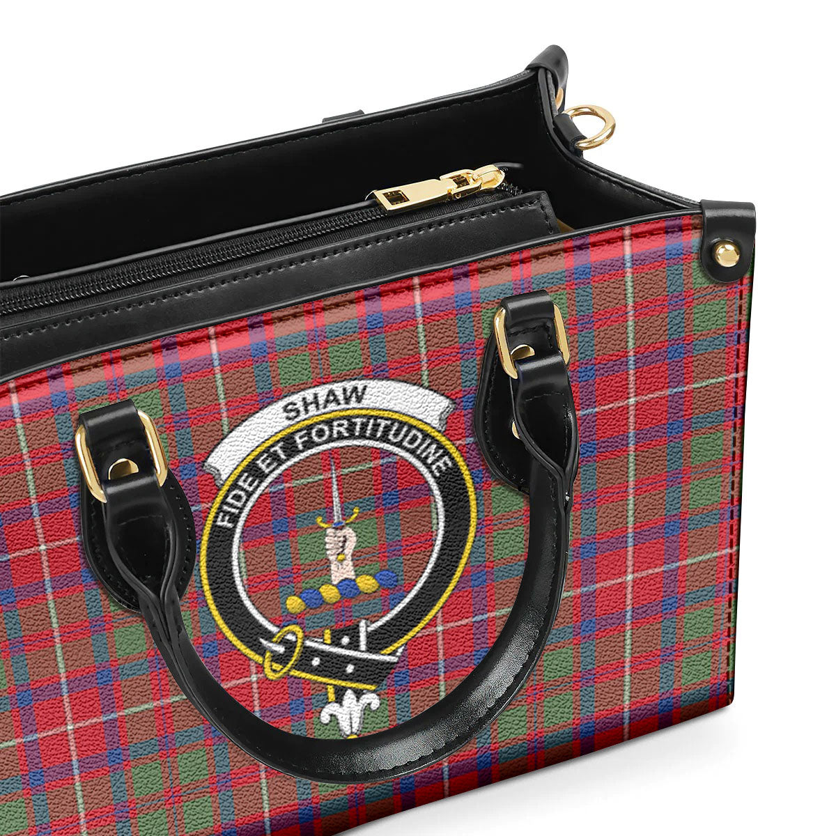 Shaw Red Modern Tartan Crest Leather Handbag