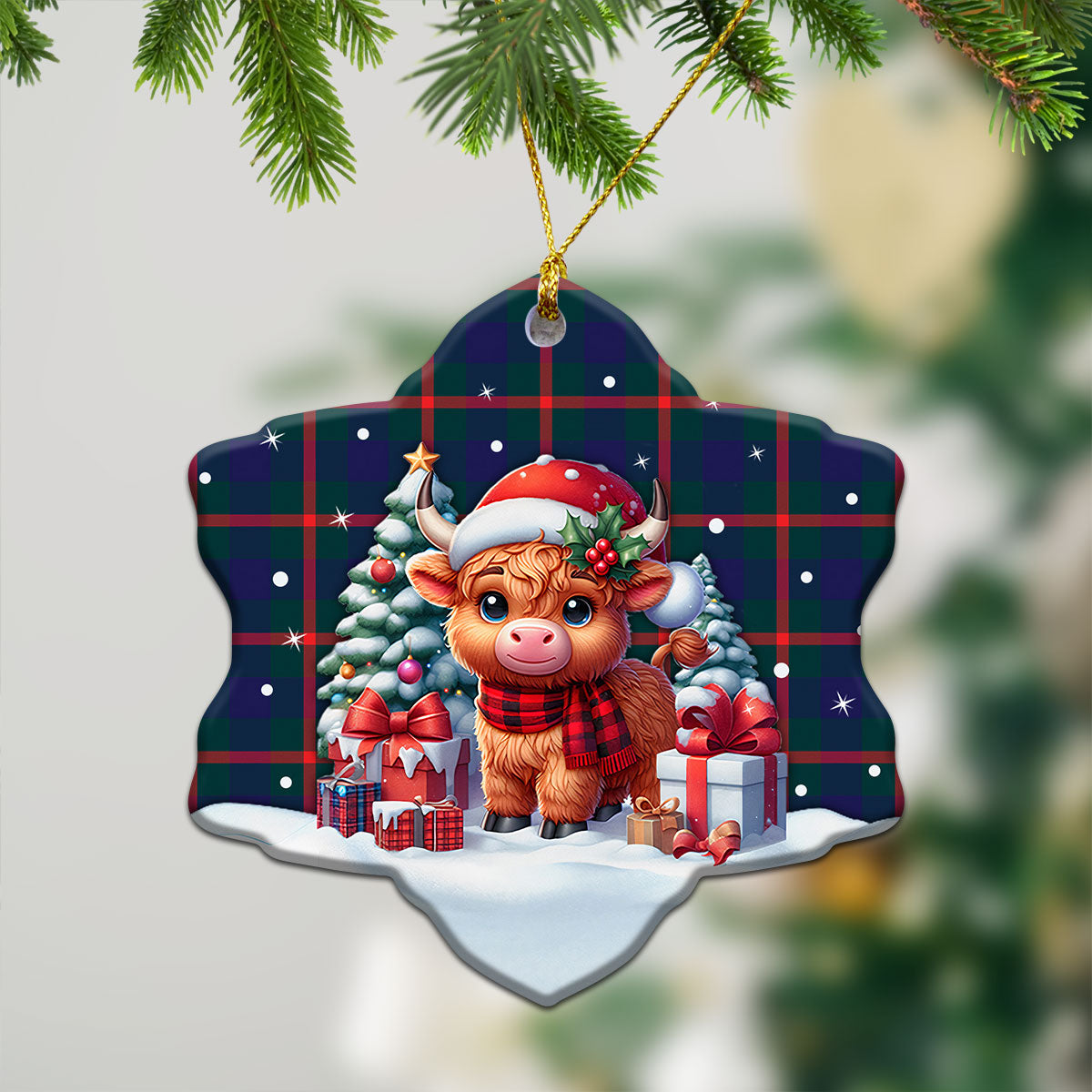 Agnew Modern Tartan Christmas Ceramic Ornament - Highland Cow Winter Style