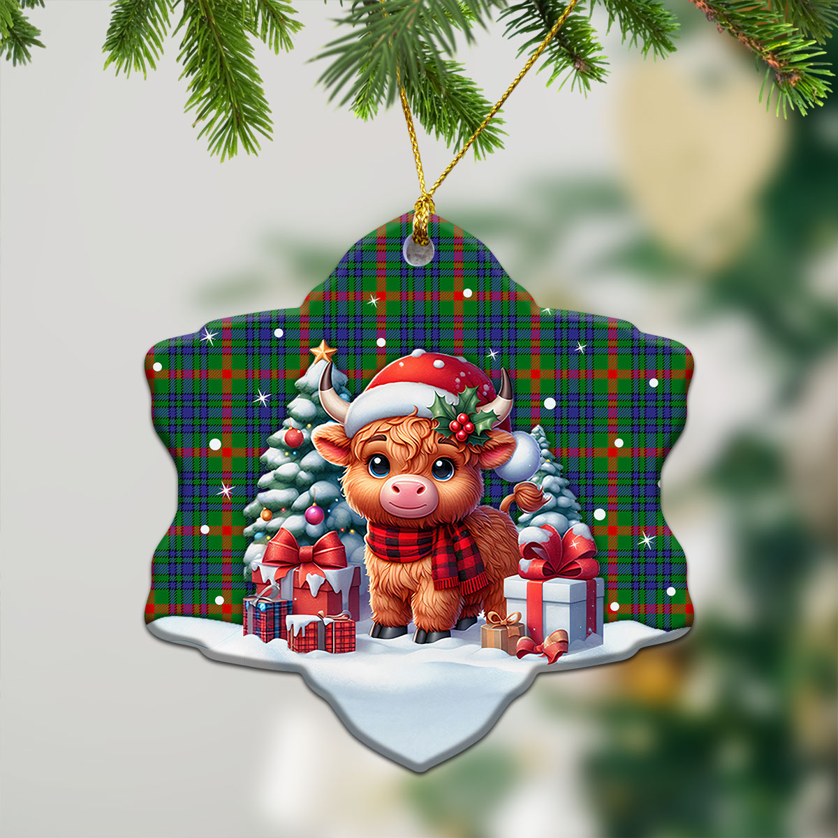 Aiton Tartan Christmas Ceramic Ornament - Highland Cow Winter Style