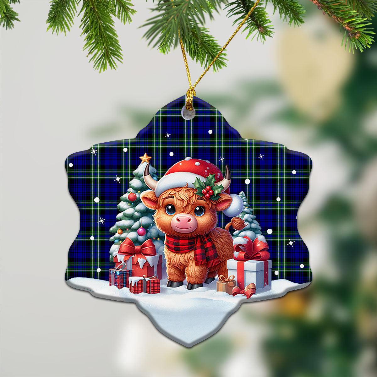 Arbuthnot Modern Tartan Christmas Ceramic Ornament - Highland Cow Winter Style