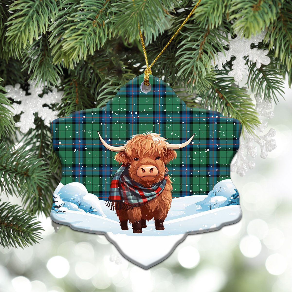 Armstrong Ancient Tartan Christmas Ceramic Ornament - Highland Cows Snow Style