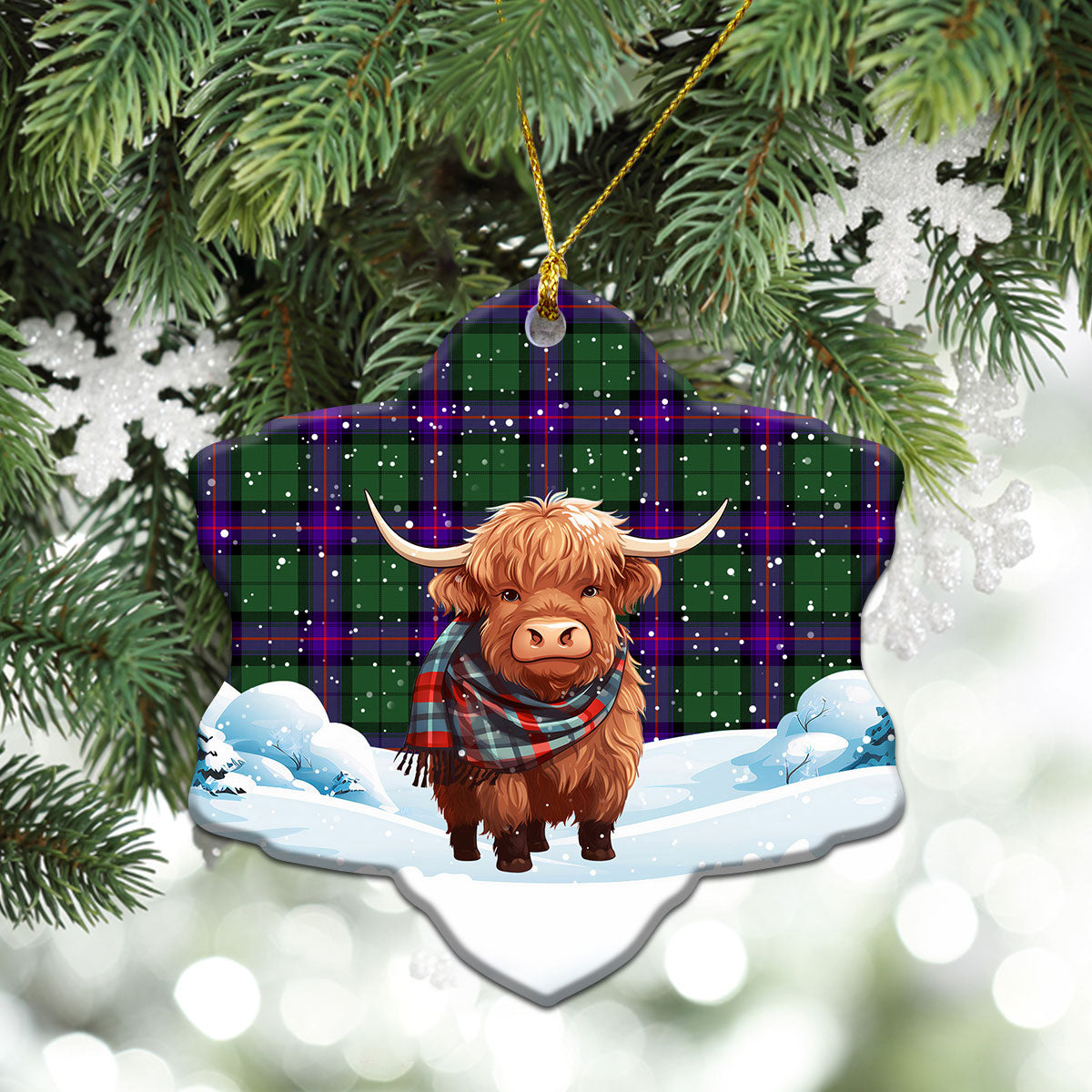 Armstrong Modern Tartan Christmas Ceramic Ornament - Highland Cows Snow Style