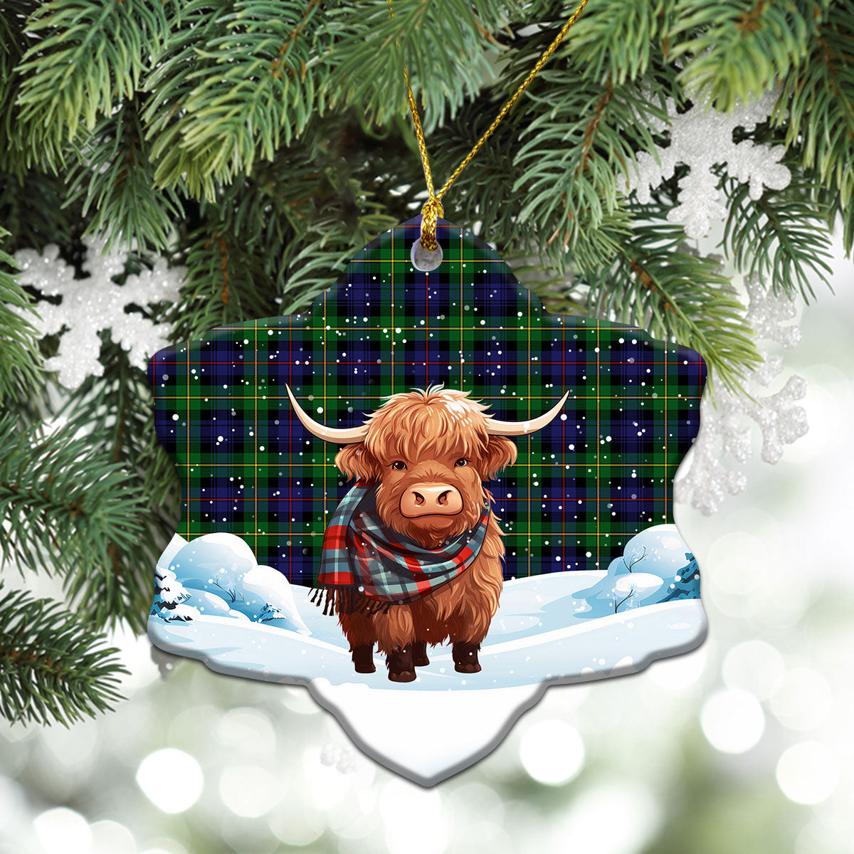 Baillie Tartan Christmas Ceramic Ornament - Highland Cows Snow Style