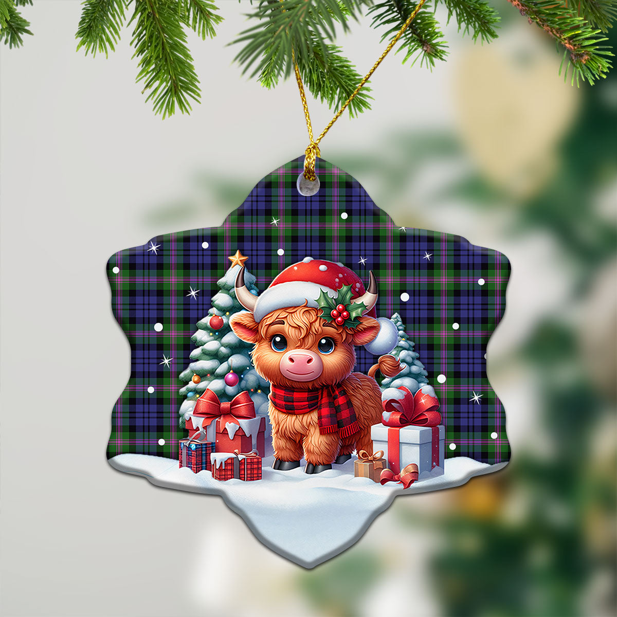 Baird Modern Tartan Christmas Ceramic Ornament - Highland Cow Winter Style