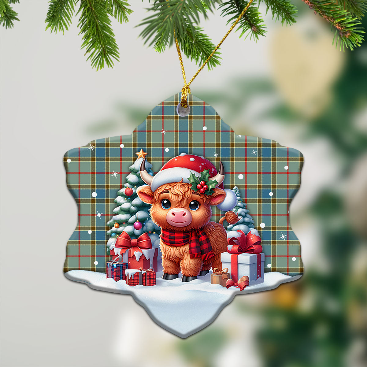 Balfour Blue Tartan Christmas Ceramic Ornament - Highland Cow Winter Style