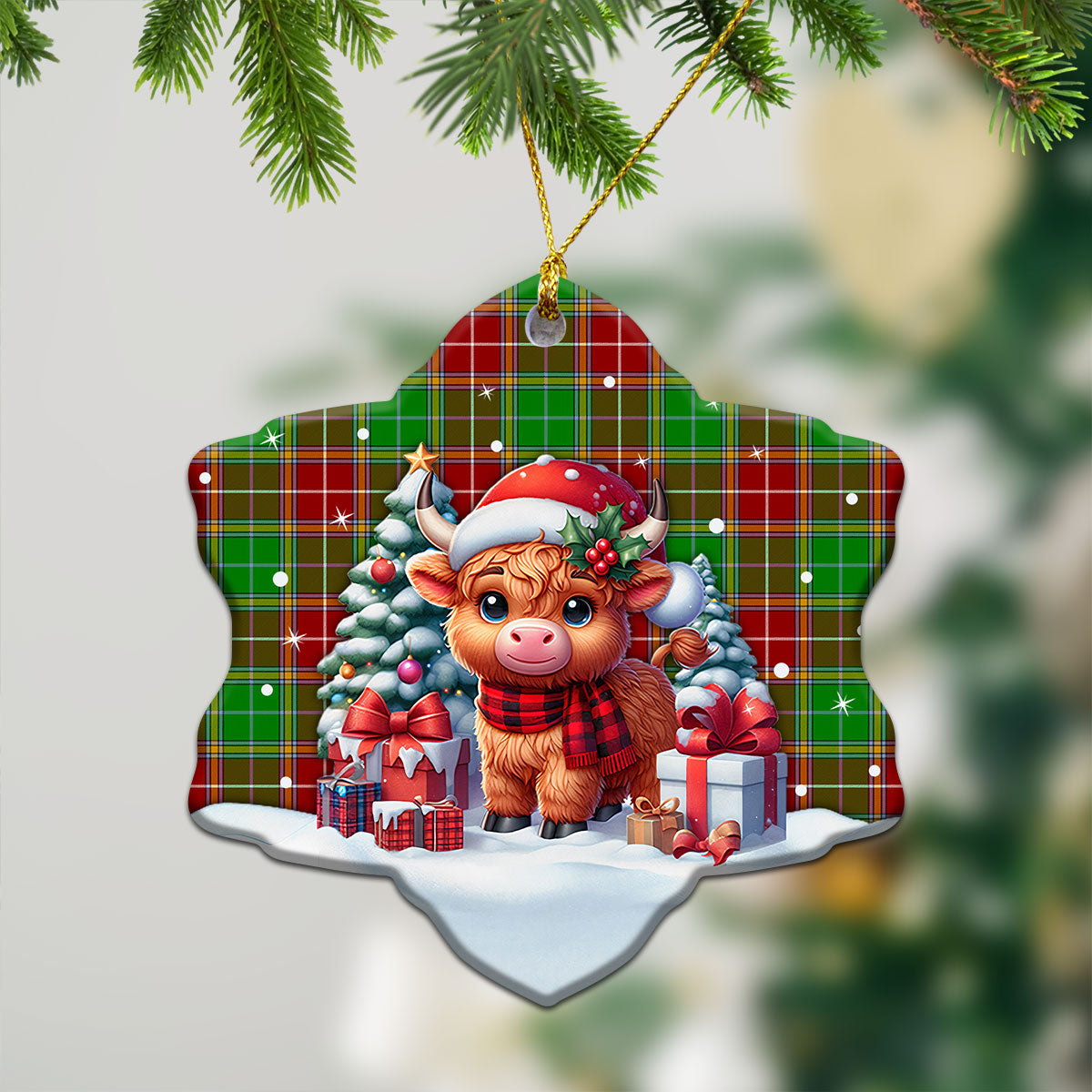 Baxter Modern Tartan Christmas Ceramic Ornament - Highland Cow Winter Style