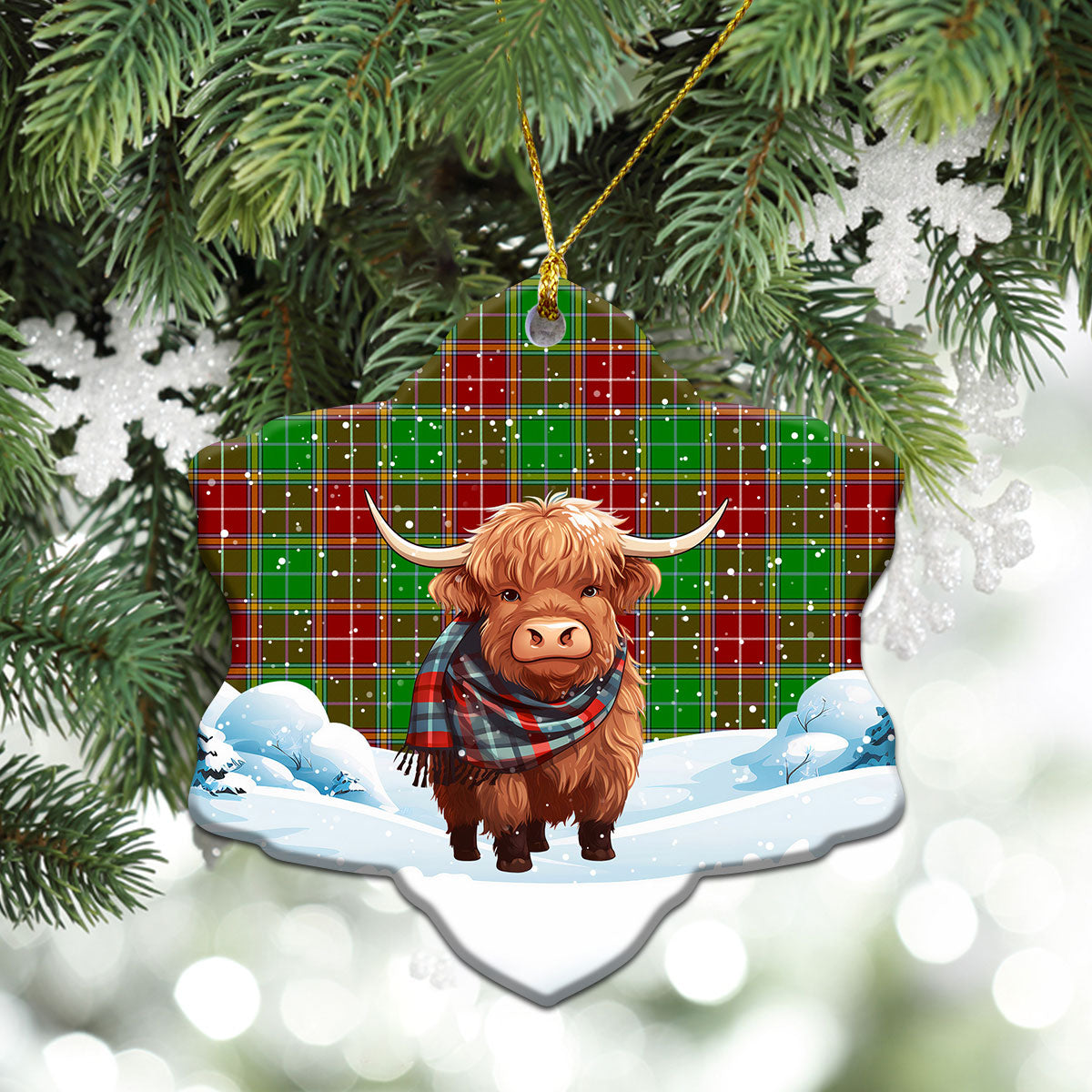 Baxter Modern Tartan Christmas Ceramic Ornament - Highland Cows Snow Style