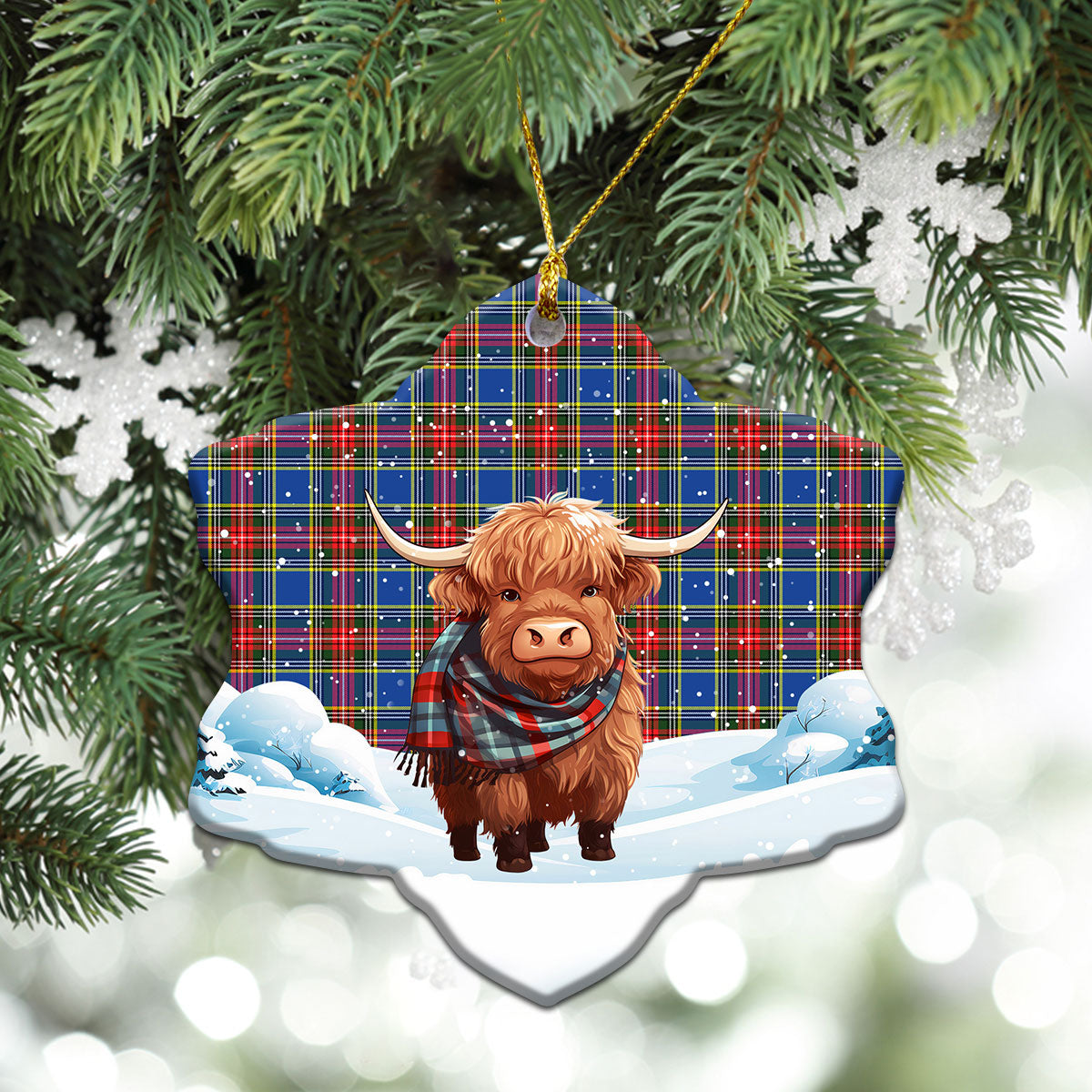 Beaton Modern Tartan Christmas Ceramic Ornament - Highland Cows Snow Style