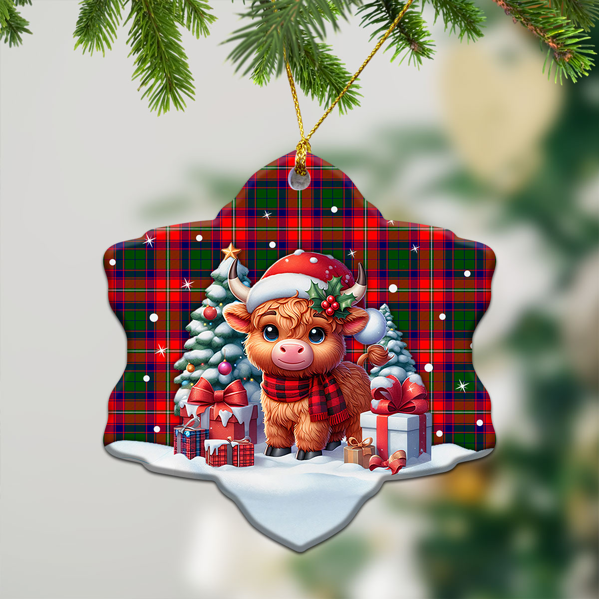 Belshes Tartan Christmas Ceramic Ornament - Highland Cow Winter Style