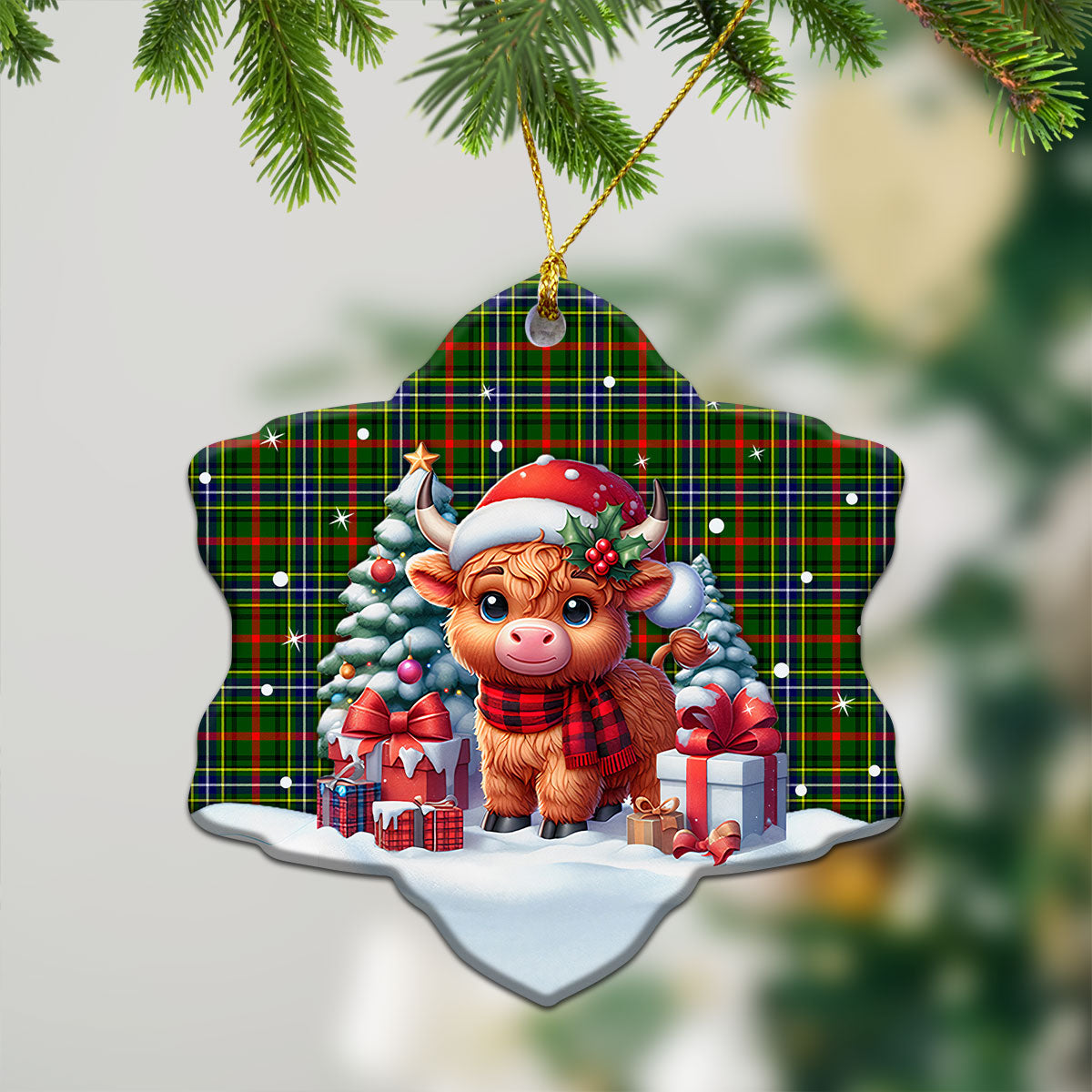 Bisset Tartan Christmas Ceramic Ornament - Highland Cow Winter Style