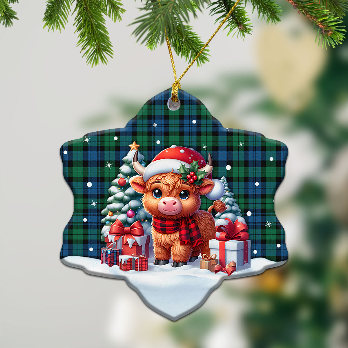 Black Watch Ancient Tartan Christmas Ceramic Ornament - Highland Cow Winter Style