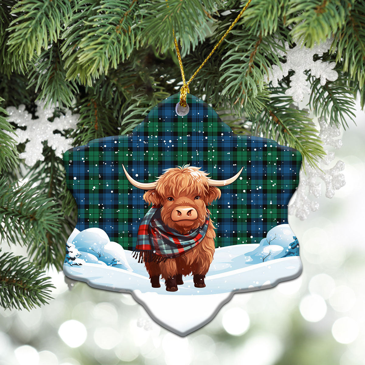 Black Watch Ancient Tartan Christmas Ceramic Ornament - Highland Cows Snow Style