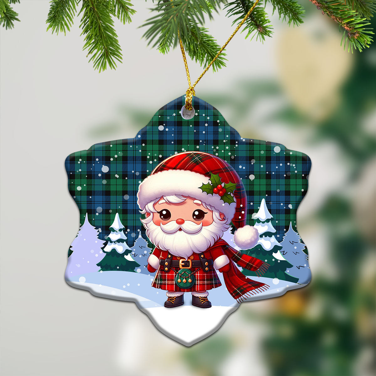 Black Watch Ancient Tartan Christmas Ceramic Ornament - Santa Claus In Kilt Style