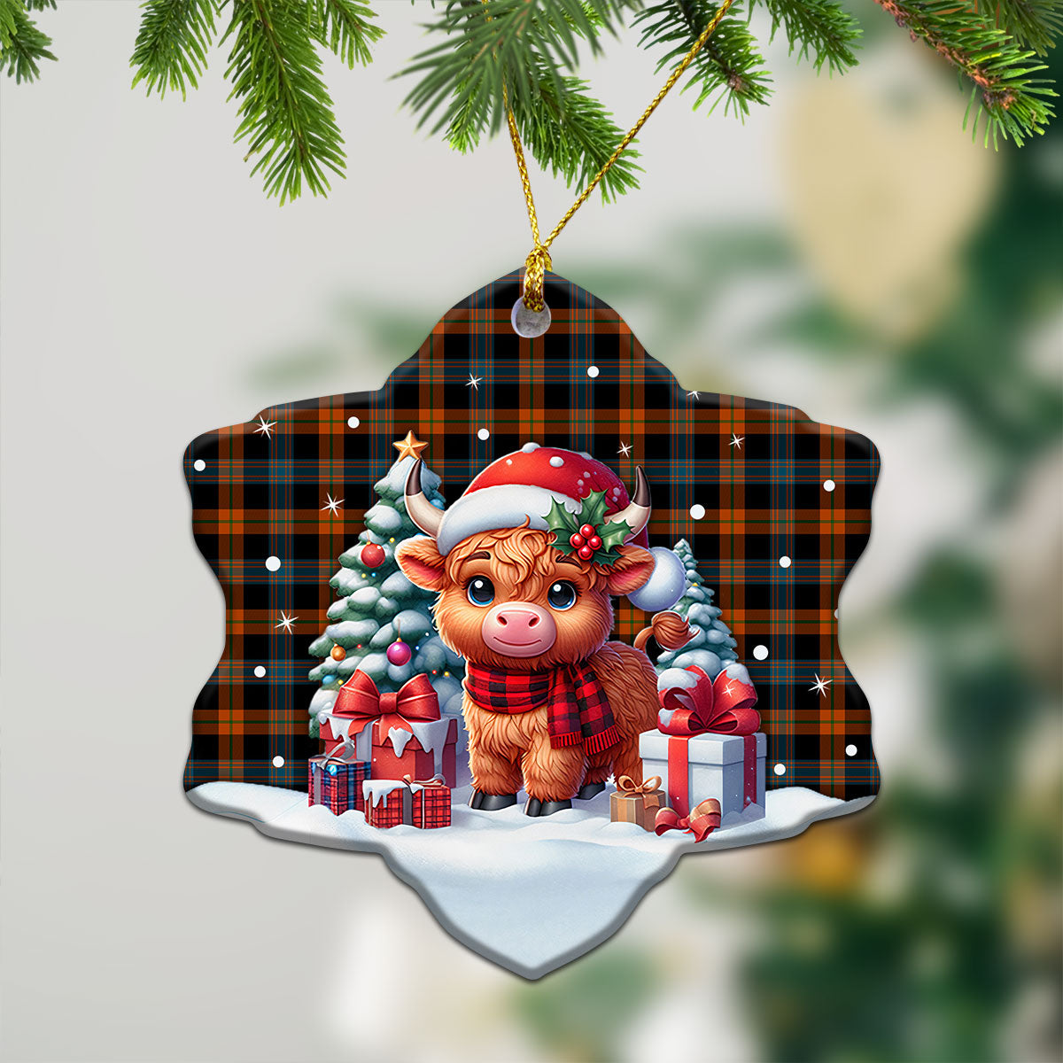 Broun Ancient Tartan Christmas Ceramic Ornament - Highland Cow Winter Style