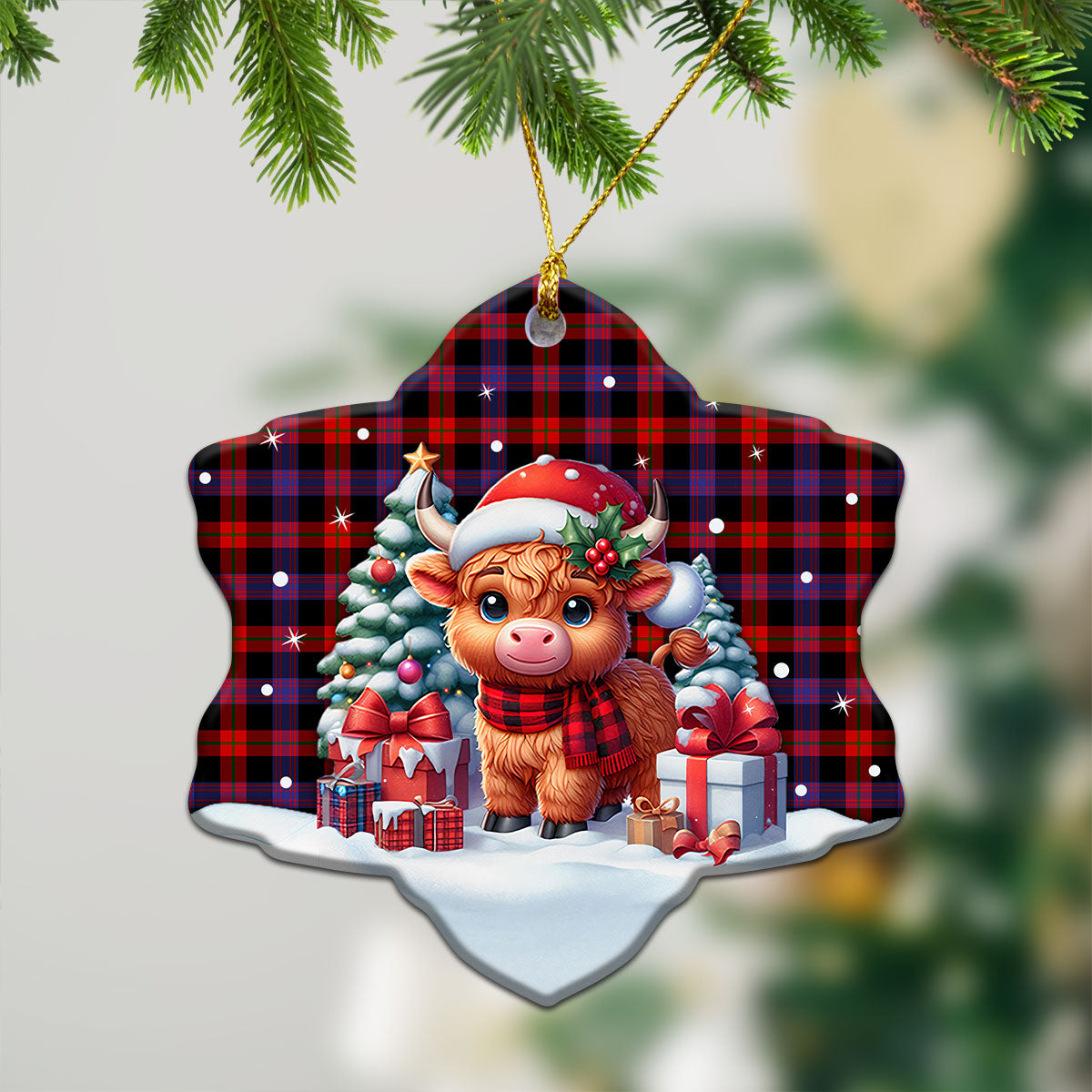 Broun Modern Tartan Christmas Ceramic Ornament - Highland Cow Winter Style