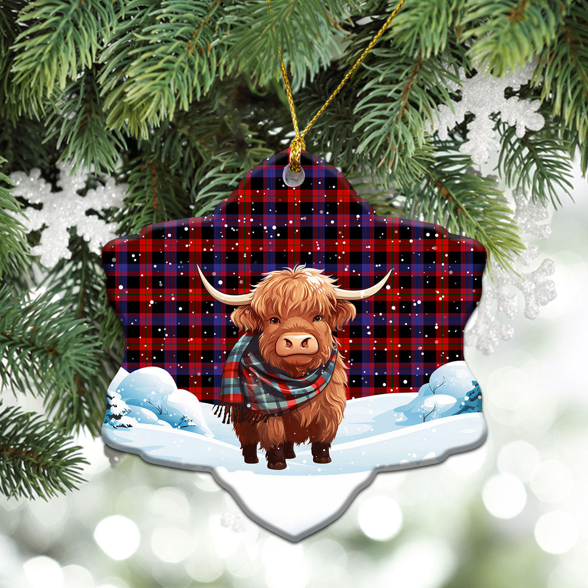 Brown Modern Tartan Christmas Ceramic Ornament - Highland Cows Snow Style