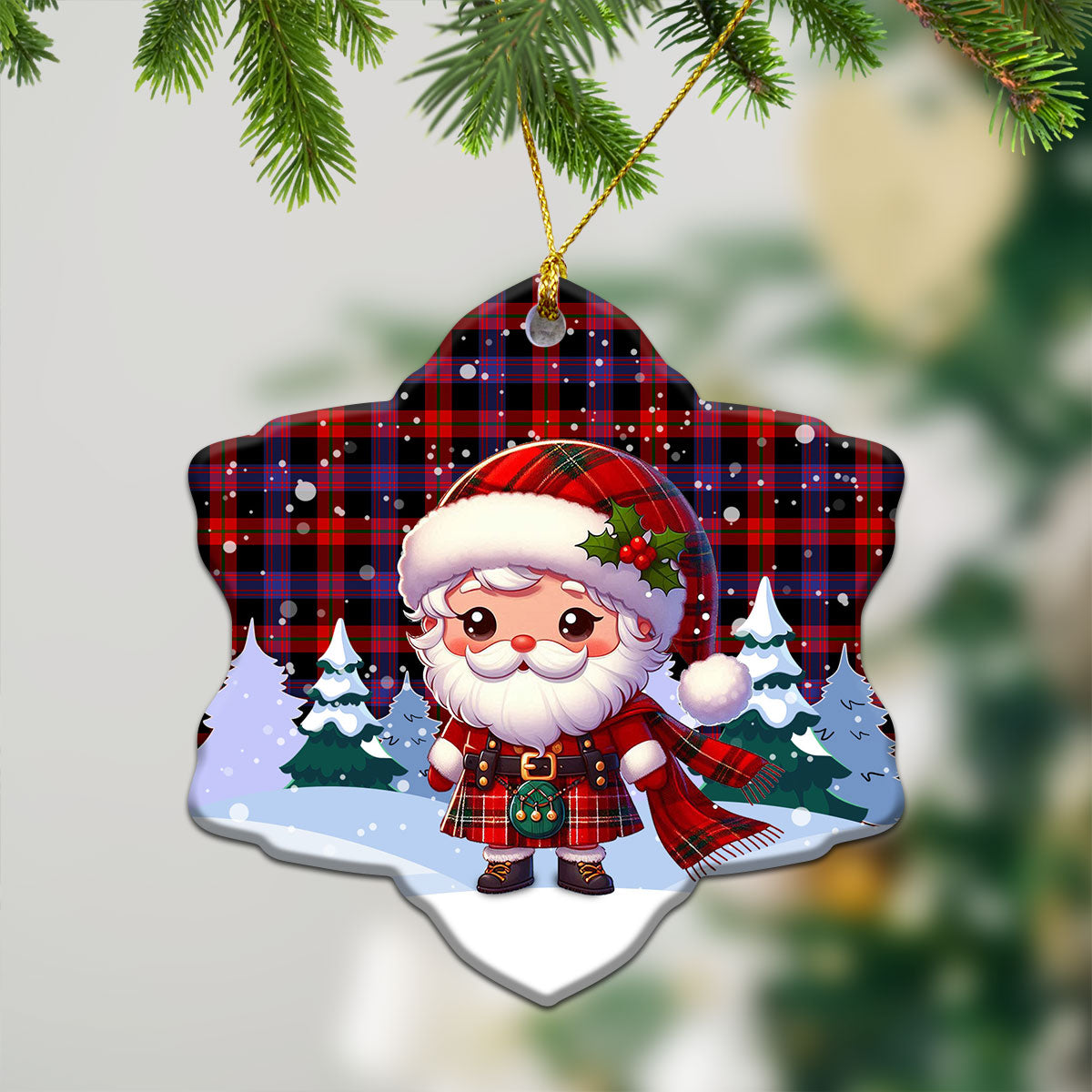 Brown Modern Tartan Christmas Ceramic Ornament - Santa Claus In Kilt Style