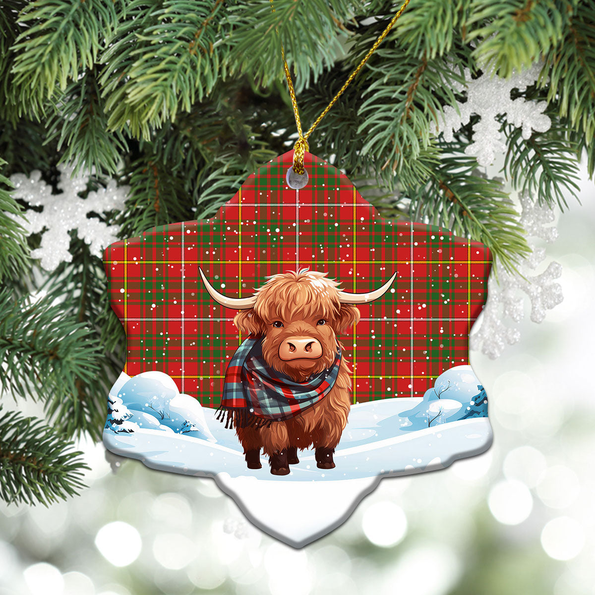 Bruce Modern Tartan Christmas Ceramic Ornament - Highland Cows Snow Style